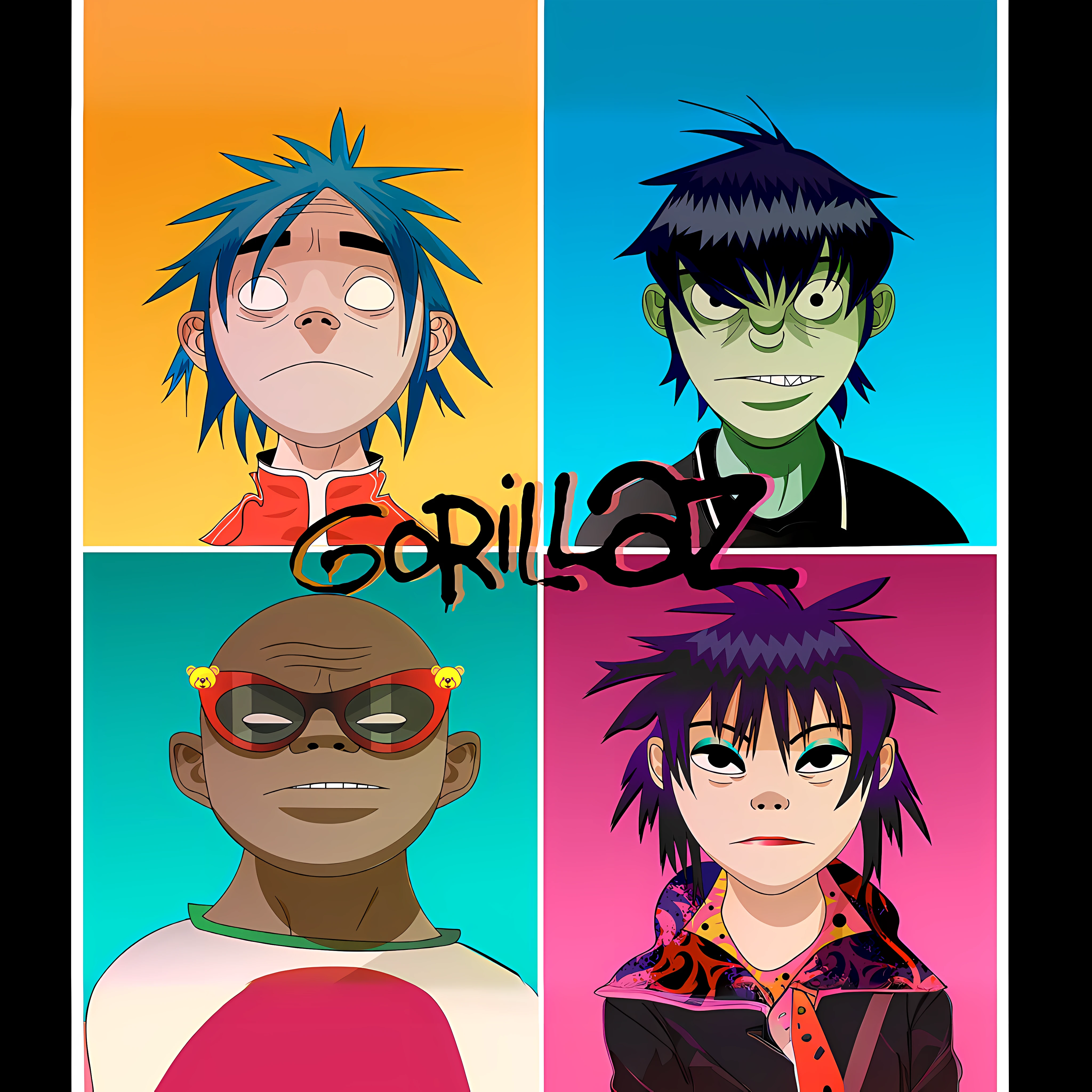 a closeup of four different color images of a person with glasses, estilo Gorila, Gorila, Arte Gorillaz, Gorillaz Fase 1, gorillaz album cover, 2 D Gorillaz, Gorillaz e Daft Punk Records, 2 d estilo anime, inspirado em Jamie Hewlett, 2d de Gorila, 2 d de Gorila, fanart oficial