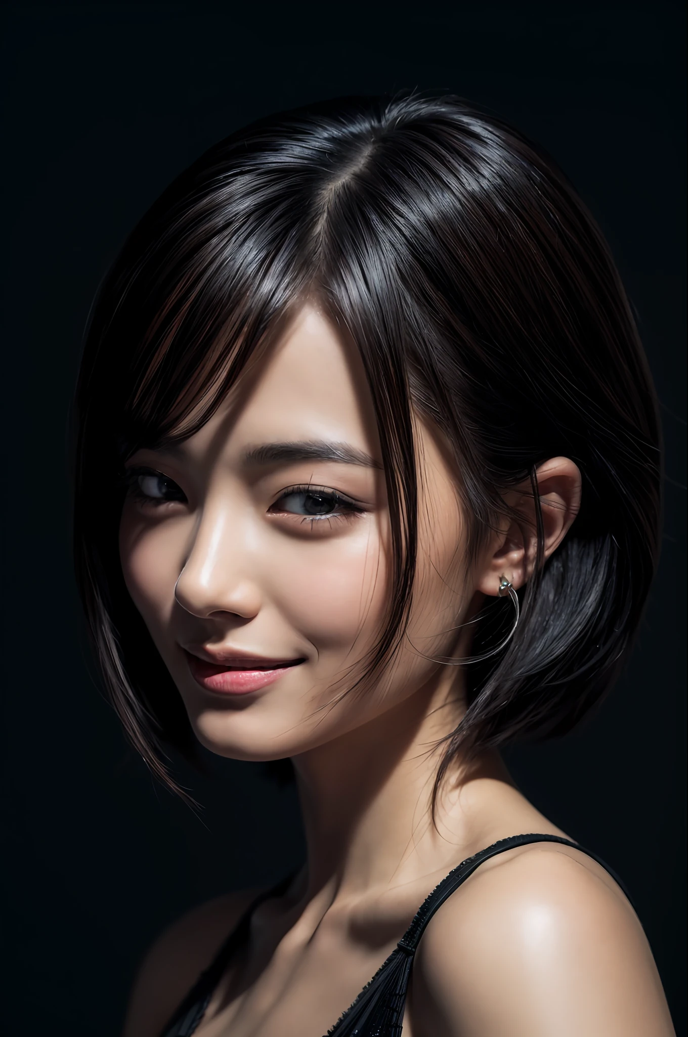 masterpiece, best quality, highres,8k, portrait,erotic,beautiful black short hair, intricate, elegant, highly detailed, majestic, digital photography,looking at viewer,smile,