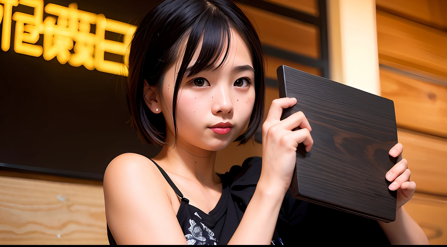 Keep the girl's posture as it is、Draw a picture of holding a plank facing forward。