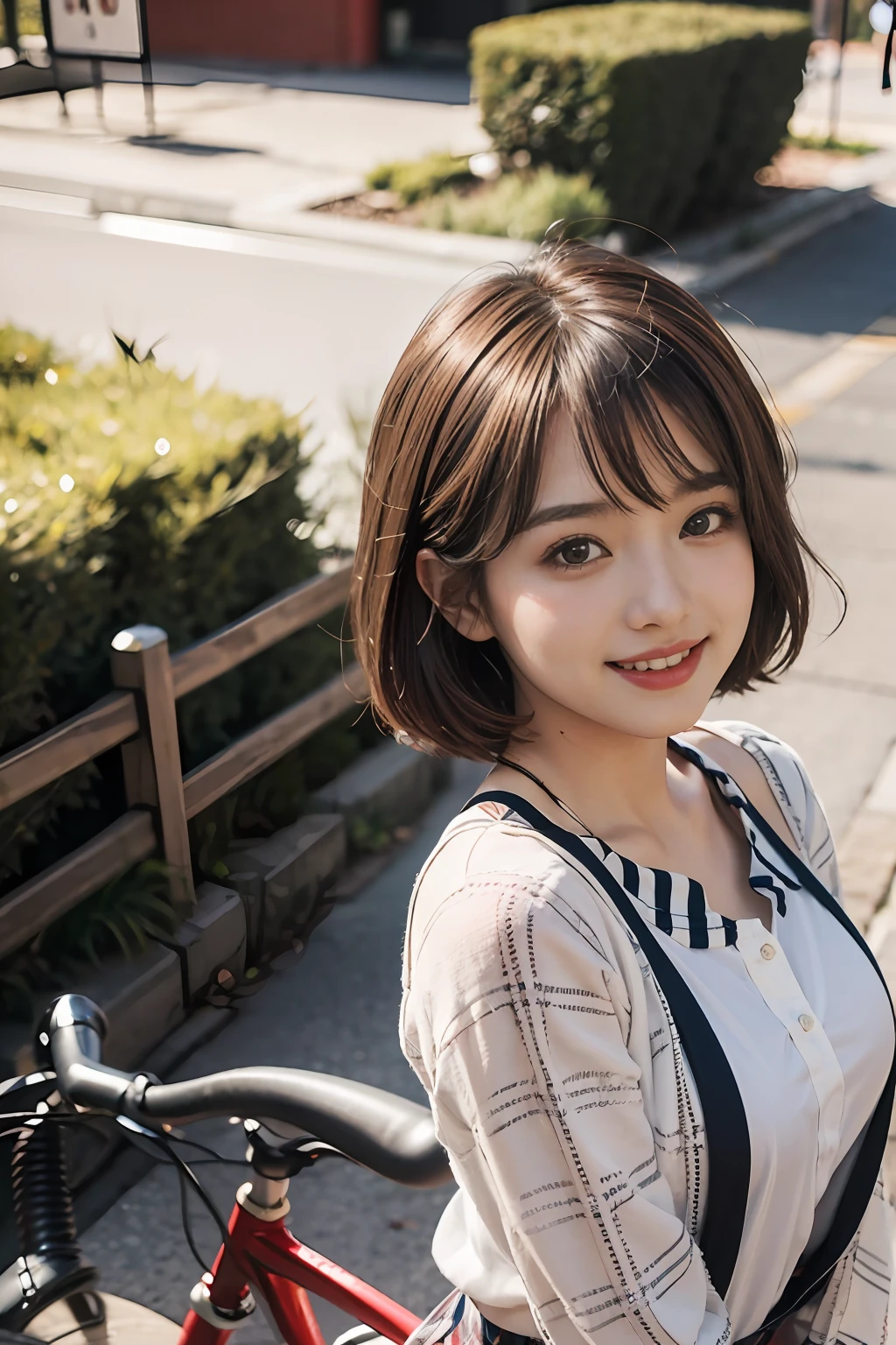 Ride a red bike down the hill,Japan Idol Girl,Cinematic,Sunlight,elegant girl ,big butts、Cheerful smile,student clothes、White blouse in open chest,Tartan checked skirt、( short hair of shiny reddish-brown color,,,,,,)gazing at viewer,Detailed hairstyles,Insanely detailed、masutepiece、