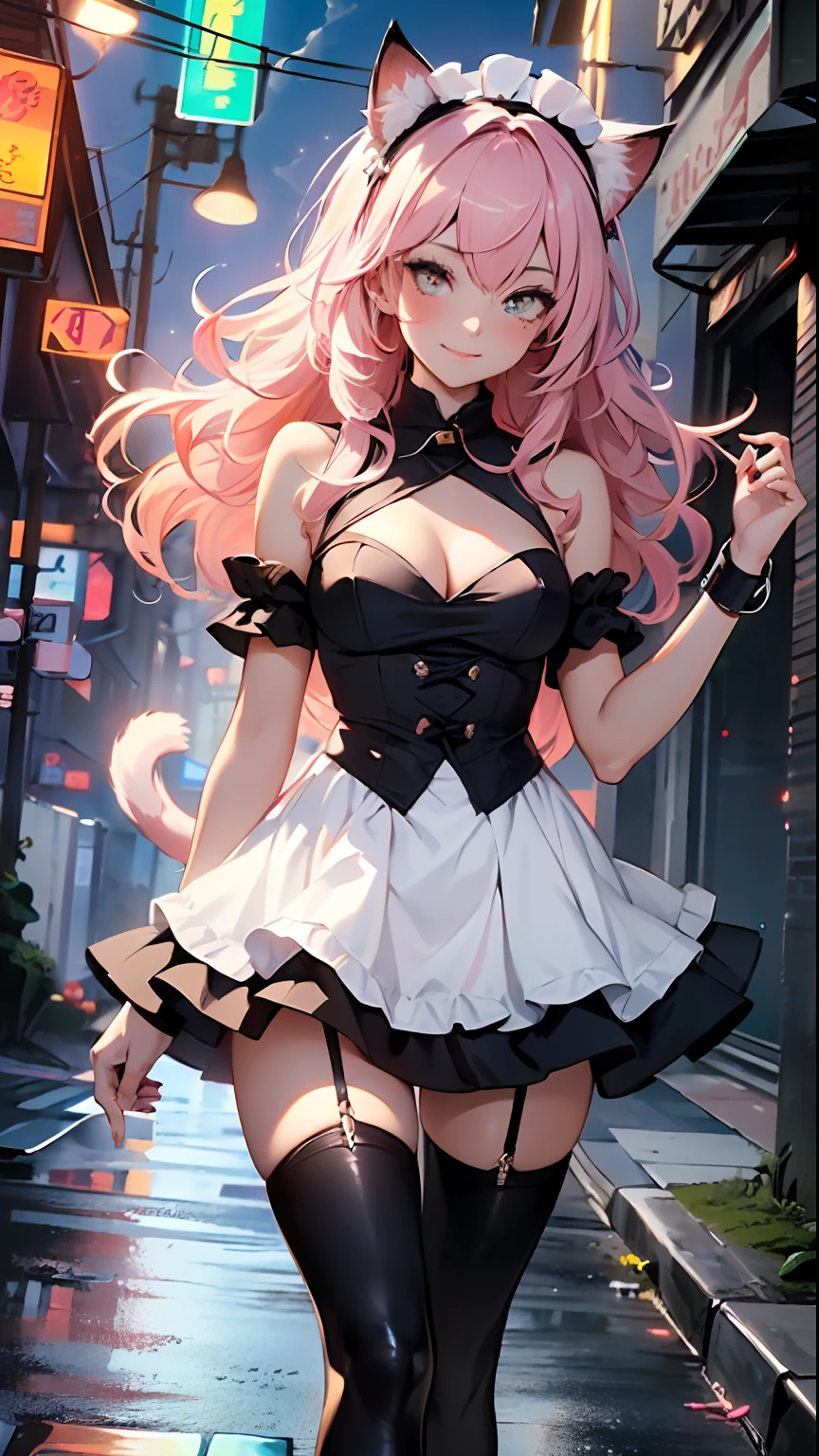 Super cute little maid cat girl,(((1girl))),((anime maid cat girl with extremely cute and beautiful pale pink hair walking seductively down the street)),(((cat girl,anthro furry cute,cat-girl))),(((tail, cat tail,cat ears,thin cat tail,cat ears on head,big cat ears))),
(large breasts:1.4),bountiful breasts, fluffy breasts, H cup bust, bust up, bulging bust top,(((pale pink messy hair:1.35,colored inner hair,messy hair, ear breathing))),((heterochromia, eye1 pink, eye2 yellow, perfect eyes, upturned eyes:1.3, beautiful detailed eyes, finely detailed beautiful eyes:1, big highlight on eyes:1.2, slanted eyes)), ((fat)),(((lustrous skin:1.5,bright skin: 1.5,skin tanned,shiny skin,very shiny skin,shiny body,plastic glitter skin,exaggerated shiny skin))),(spider lower abdomen,narrow waist,wide hip,athletic body,inflated legs,delicate detailed fingers,detailed body,detailed arms,human hands, detailed hands),(((short stature, small))),
cute,slutty,seductive,erotic,nsfw,
zettai ryouiki,(maid headdress), maid uniform, Headdress, (maid), sleeveless, mini skirt, boots, cleavage cutout, bare legs,clothes with a lot of lace frills,(detailed outfit,detailed clothes),
(dynamic pose:1.0),solo focus,happy,((sweet smile)),,centered,scale to fit dimensions,Rule of thirds,
outdoors, ((night view)), (cyberpunk night street Background: 1.5,dark sky,alleyway,lonely alley,thick clouds, detailed background:1.25),
(best quality), (high resolution), (sharp focus), (ultra detailed), (extremely detailed), (extremely high quality artwork), 8k_wallpaper, (extremely detailed CG 8k),(very fine 8K CG), ((hyper super ultra detailed perfect piece)), flawless, (((masterpiece))), illustration, vibrant colors, (intricate), High contrast, Selective lighting, Double exposure, HDR (High Dynamic Range), Post-processing, Background blur,