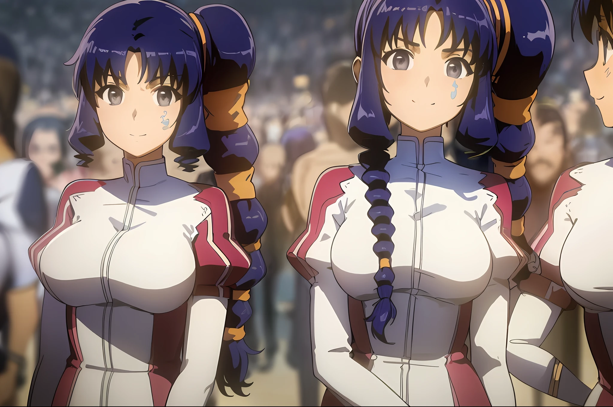 masterpiece, best quality, ((thousands of, millions of, crowd of)), +100girls, identical sisters, clones, rana, grey eyes, blue hair, long hair, braid, side ponytail, smile, simple background