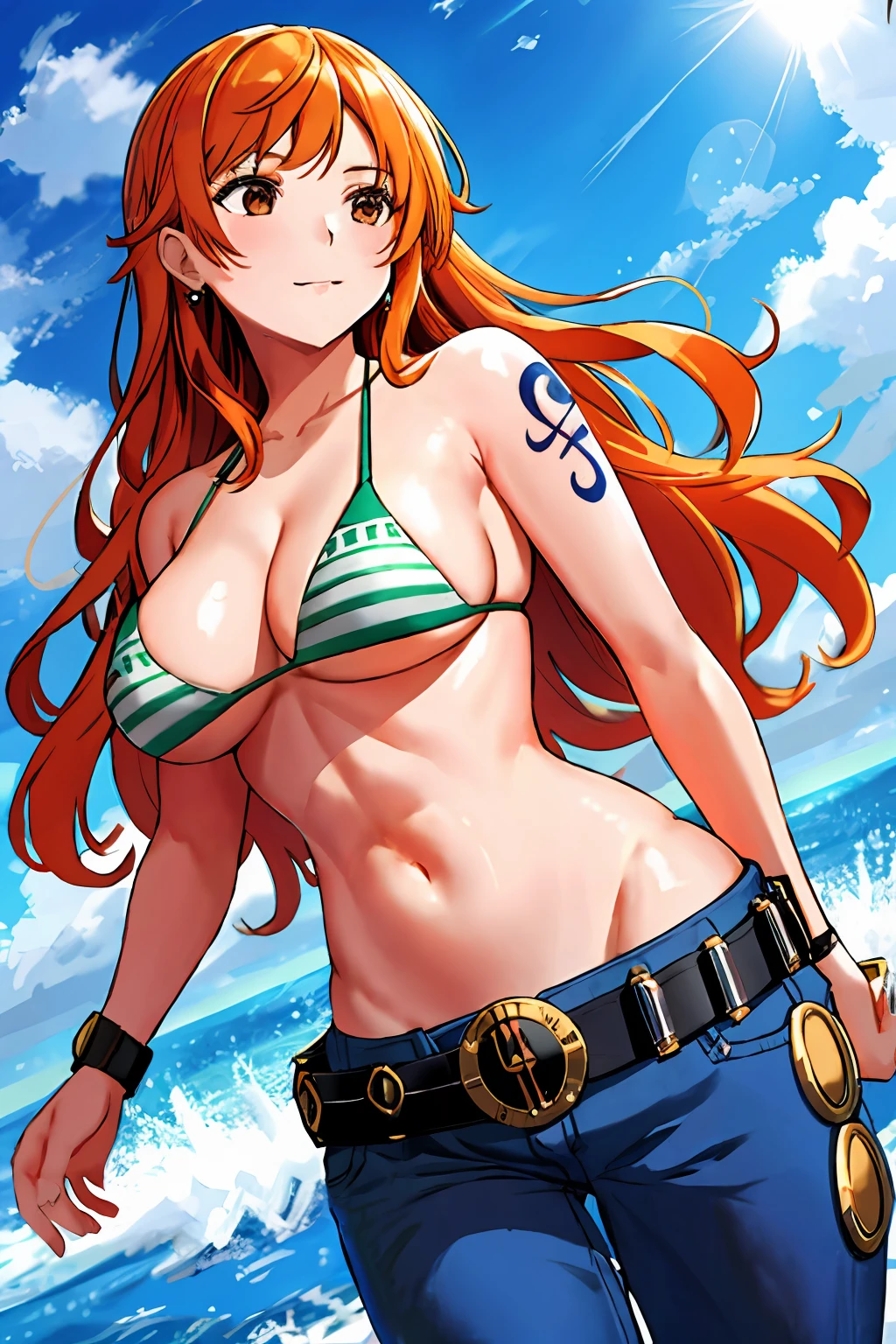 detailed background, masterpiece, 4k, best quality, adult, wrestler, 1girl, active, energic, uppercut, (large mouth) , solo, nami \(one piece\), 1girl, bangle, wet, soaked in sweat, perfect detailed face, bold drawing lines, muscular arms, detailed bold arm lines, flat jaw, adult woman, wavy wide streaked bangs, floating bang streaks, (big cheeks), bare shoulders, off-shoulders, belt, bikini, bikini top only, blue sky, bracelet, springy breasts, breast lines, big round eyes, plain big brown shiny eyes, bubble, high eye position, cleavage, cloud, day, denim, earrings, floating hair, shiny hair, green belt, green bikini, bold groin lines, jeans, jewelry, medium breasts, log pose, long hair, looking at viewer, navel, wet hair, orange hair, pants, shoulder tattoo, sidelocks, sky, solo, standing, stomach, swimsuit, tattoo , looking at viewer, open mouth, detailed left arm, big forehead, hourglass figure, small head, very happy, laughing, toned body, wide hair, wind effect, sun effect, under the sun, narrow small ears angle, older, random poses, tired
