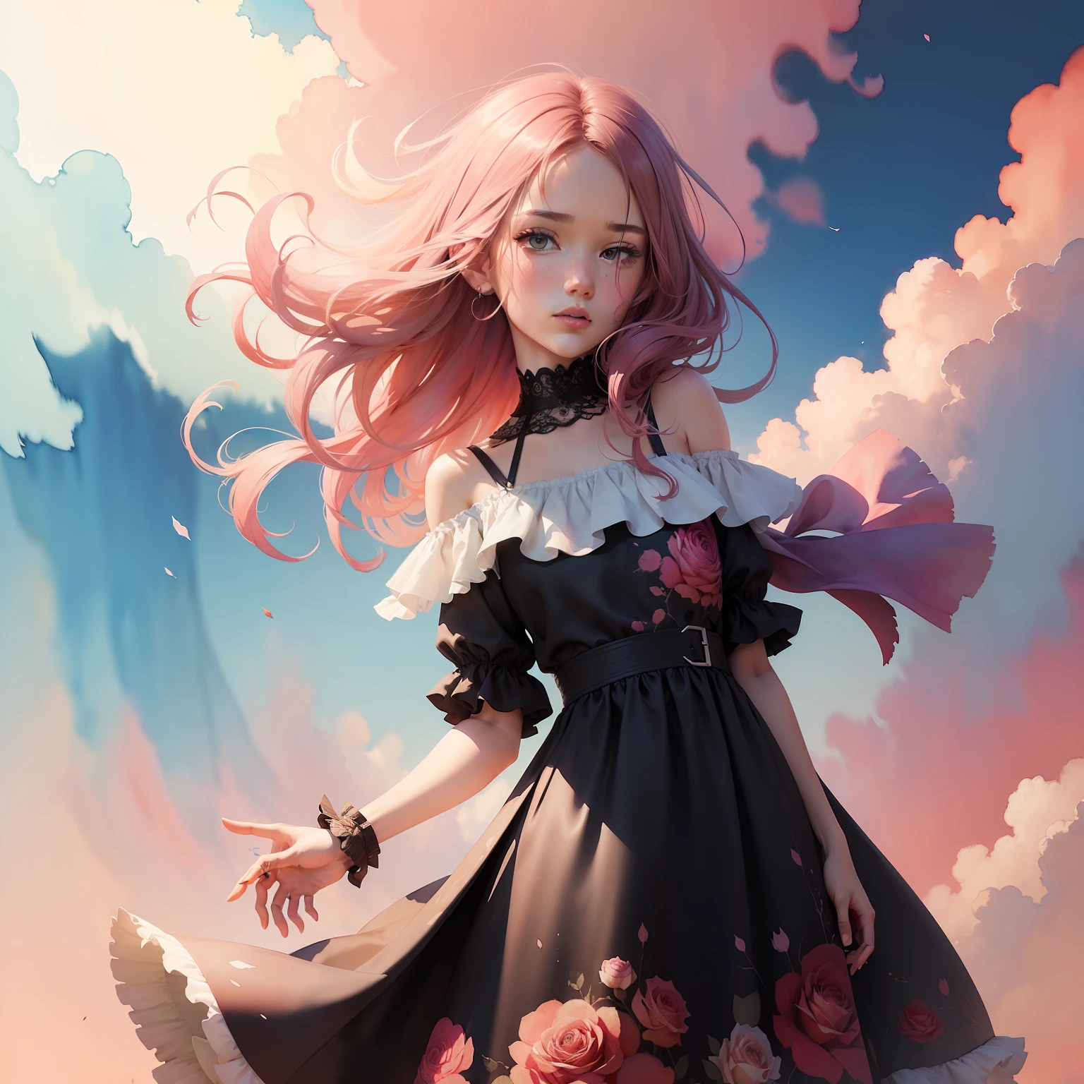 wtrcolor style, (rose) digital art, official art, blown by the wind, masterpiece, beautiful, ((watercolor)), paint splatter, intricate detail. Great detail, [dripping:0.7], Trending on Artstation, Rachel Walker