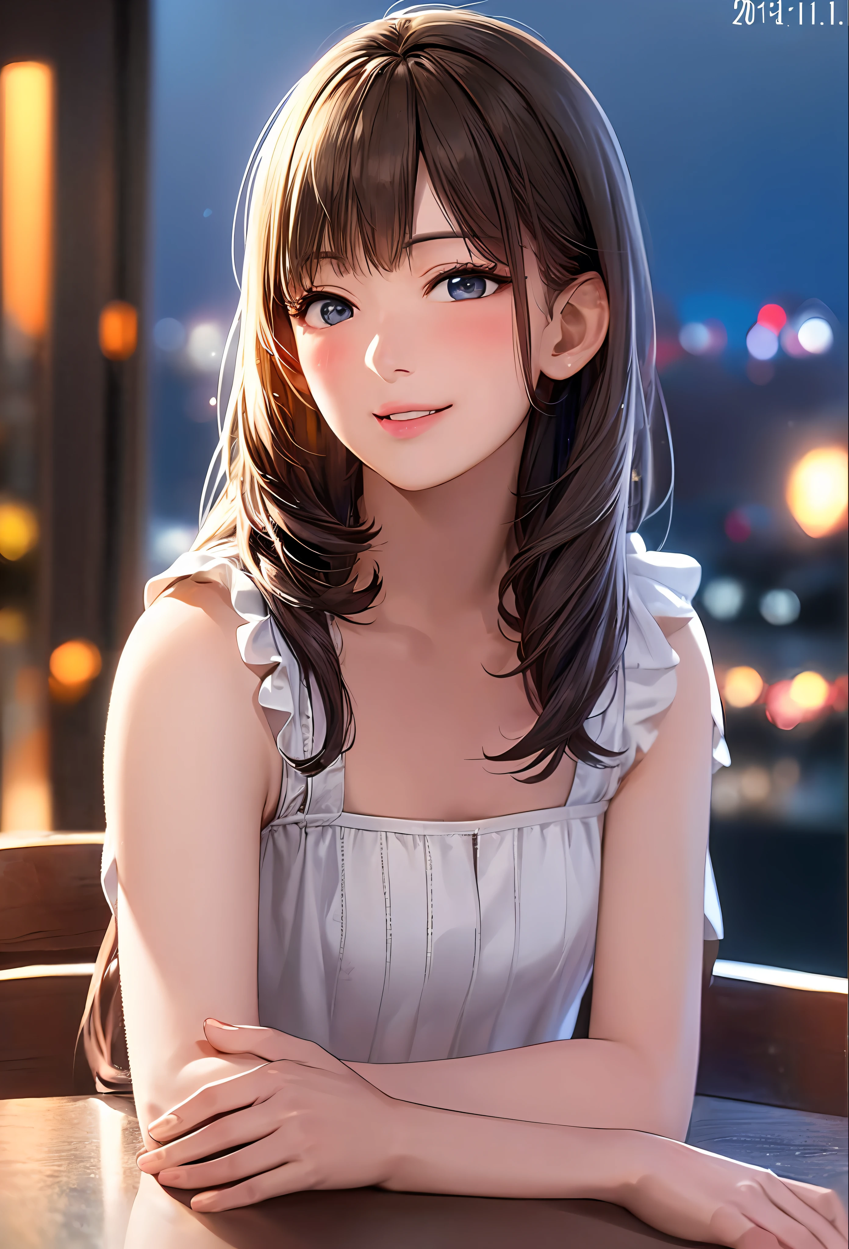 (8k, top quality, masterpiece: 1.2), (realistic, photorealistic: 1.37), super detailed, girl single, cute, solo, midnight, beautiful detailed sky, detailed café, sitting, date, (blush), (smile: 1.15), small breasts (mouth closed), beautiful fine eyes, floating hair NovaFrogStyle, back open dress