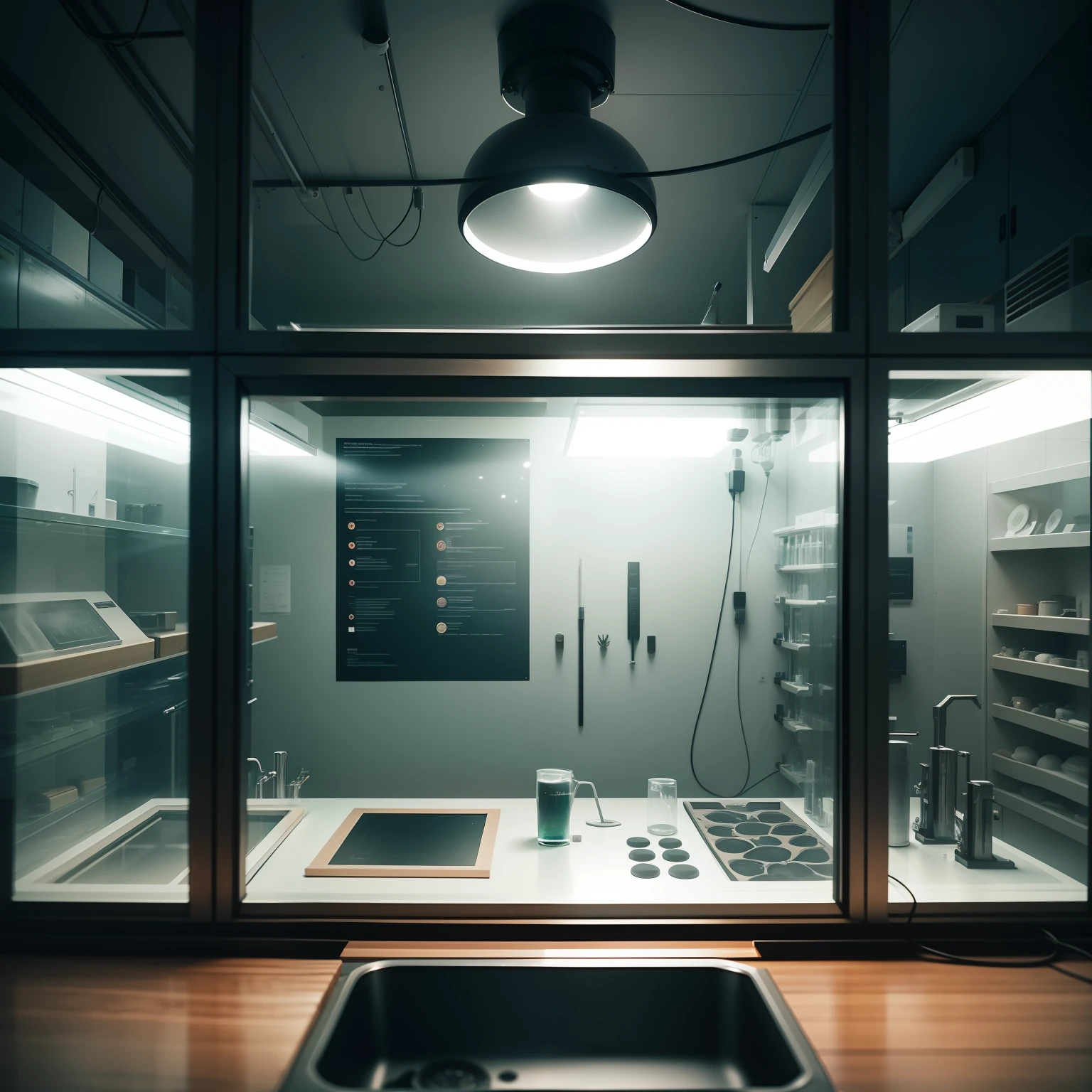 Biological laboratory, There are displays on the wall showing the process of cell division, Technological style, The table is full of experimental tools, The Ph.D. is experimenting, depth of field, ray tracing, film grain, Ultra-Wide Angle, f/1.2, Sony FE GM