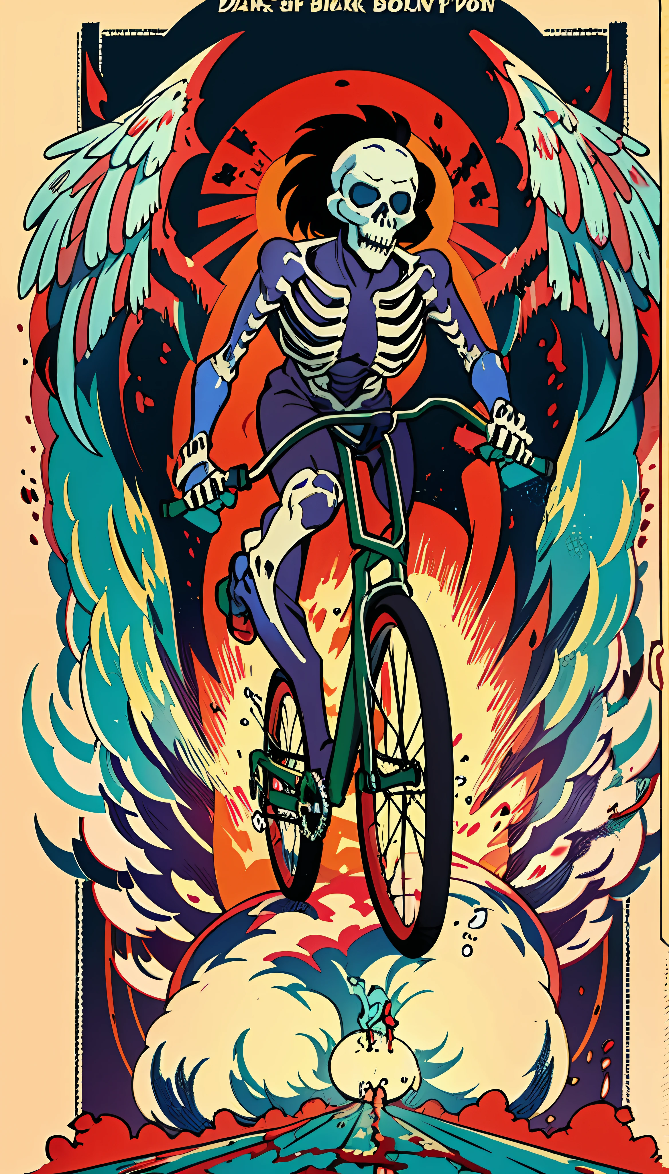 Bleeding Angel Skeleton in Hell Riding BMX Bike, dark side, Dark Territory, Dark colors, Red-blue background light, Cartoon character. High Details, Smooth spokes, Two pedals, Feet on the pedals, comic style