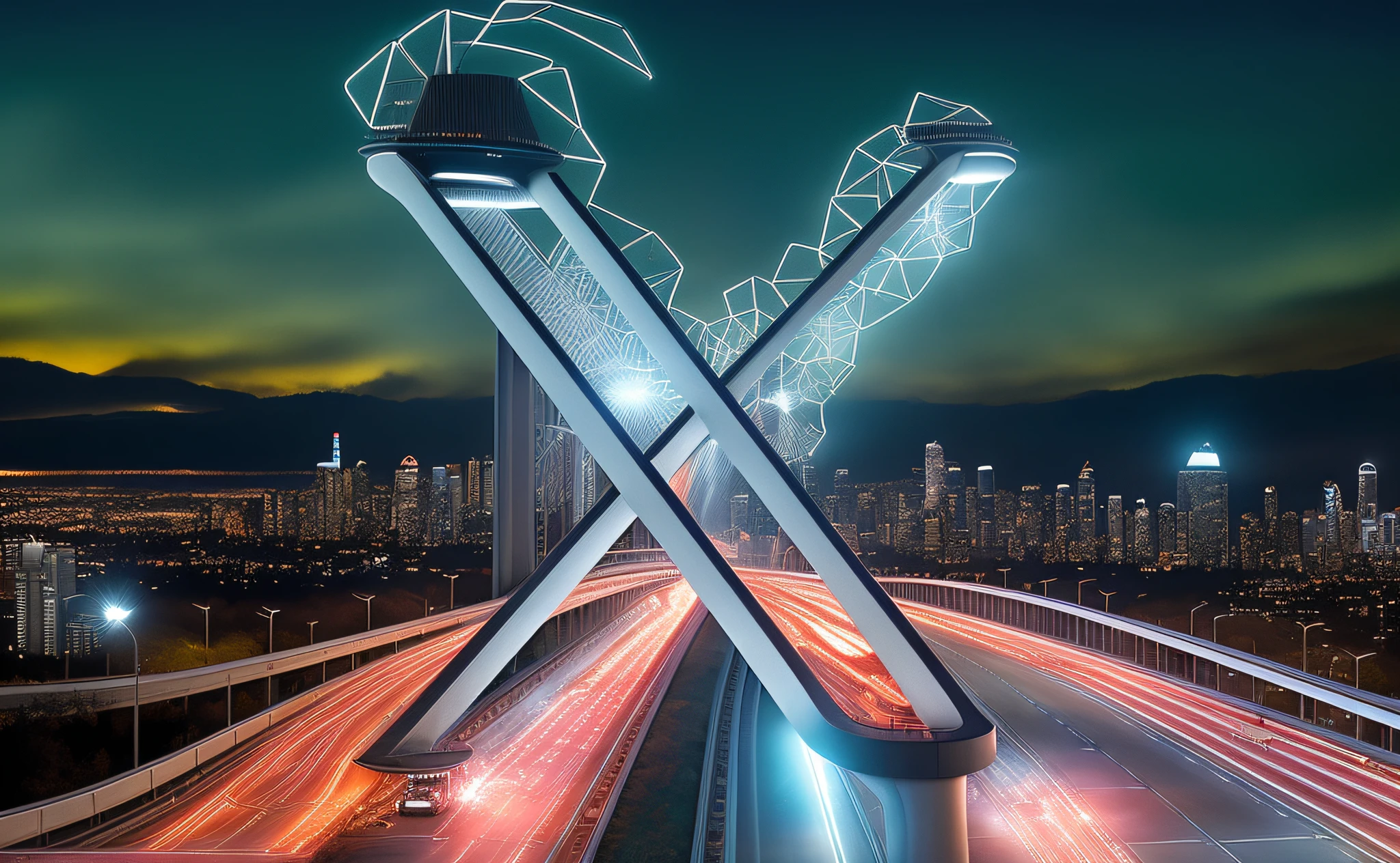 ((logotipo da letra X Cromada e polida, in the shape of a modern bridge structure of a futuristic highway)), (imagem hiperrealista:1.2), in a futuristic setting of a city. Efeitos luminosos em alta velocidade estilo ''The Flash''.