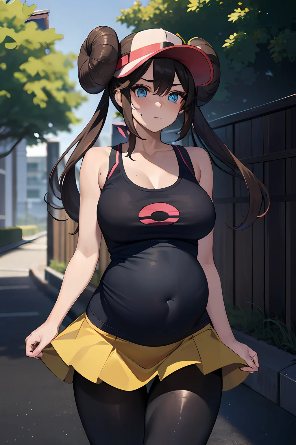 Supermodel physique, Perfect body, Perfect clear skin, hyper realisitc, ultra-realistic realism, realisticlying, hyper qualit, tmasterpiece, high high quality, big breasts beautiful, sensual face, prette, Slightly toned, fit body, Supermodel figure, 3/4 Body view, Sexy waist, Sexy buttocks, with perfect legs, thigh gap, facing at camera, Rosa(pokemmo), 1girll, 独奏, lacepantyhose, double bun hair, hair-bun, sunhat, brown hair, Blushlush, Yellow skirt, lacepantyhose, black colored leggings, black lence stockings,Poké ball print,Yellow miniskirt,Rosa(pokemmo)The clothes ar,Pregnant belly, maternity attire for pregnant women,maternity dress,pregnant belly,Pregnant belly