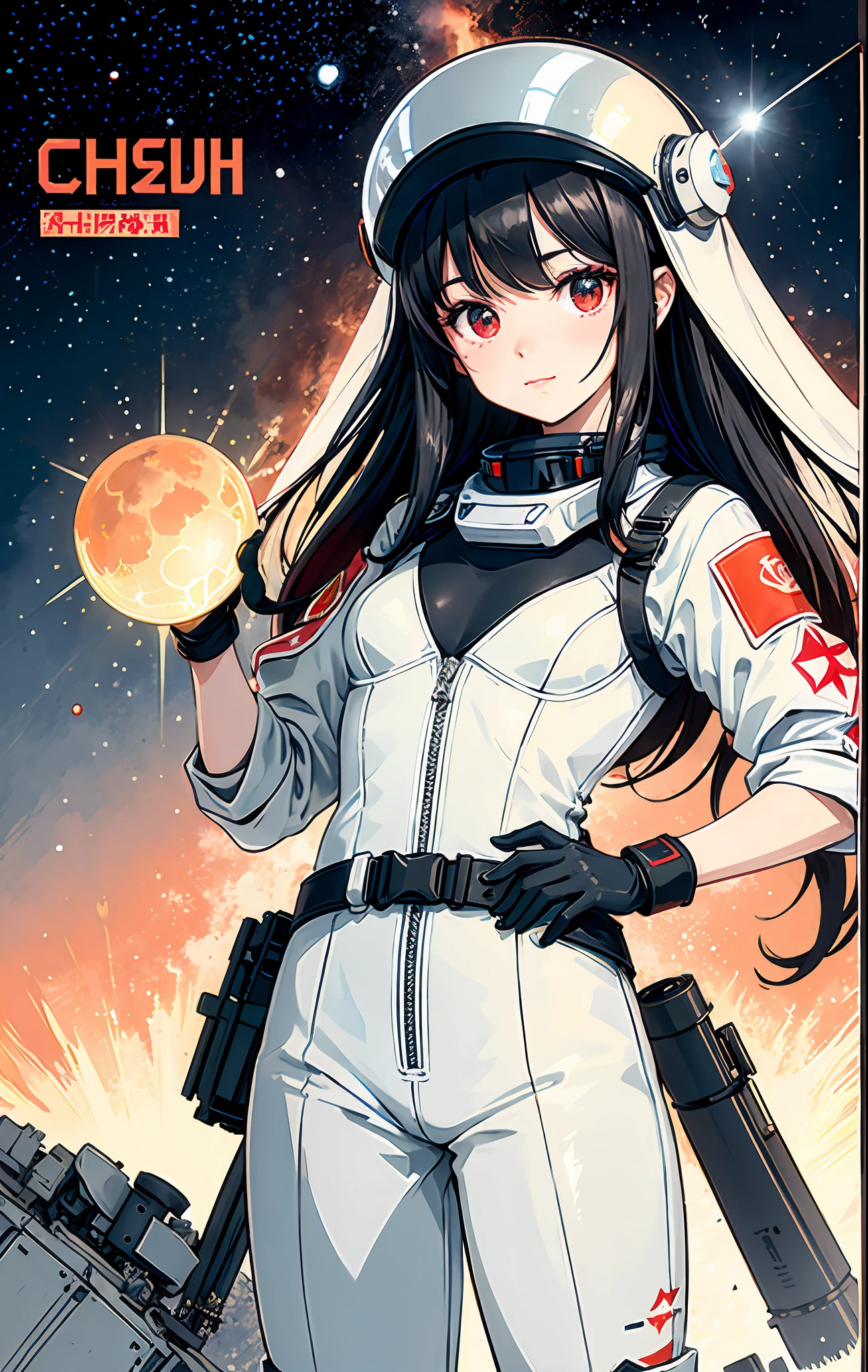1girl, flat chested, cute, beautiful detailed eyes, shiny hair, visible through the hair, hair between the eyes, CCCPposter, sovietposter, red monochrome, Soviet poster, USSR, communism, black hair, red eyes, vampire ,girl,small breasts,spacesuit:Orange_clothing_body:jumpsuit ), white_gloves, white_space shoes, white_helmet, CCCP scarlet letters on the top of the helmet, weightlessness, Side light, reflection, the person in the spacesuit is at the bottom left of the picture, right hand outstretched, right hand Gently touch the Salyut space station), the space station in the upper right corner of the screen, the reflected light of the sun, silver metal, red flag, brilliance, Soviet style, diffuse reflection, metal texture, blue earth in the distance, mech style, star sea, high-profile, majestic