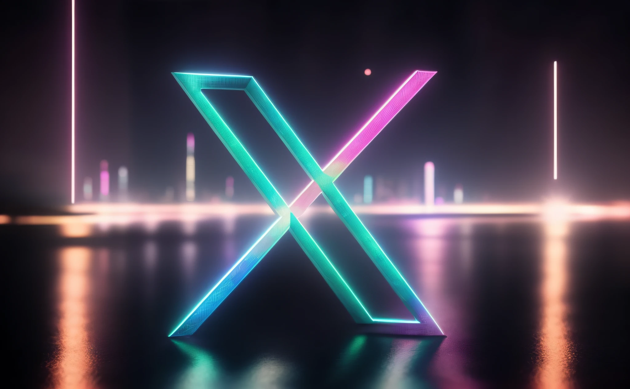 imagem de uma ((letra X 3D Cromada e brilhante)), (imagem hiperrealista:1.2), em fundo de uma cidade estilo cyberpunk.