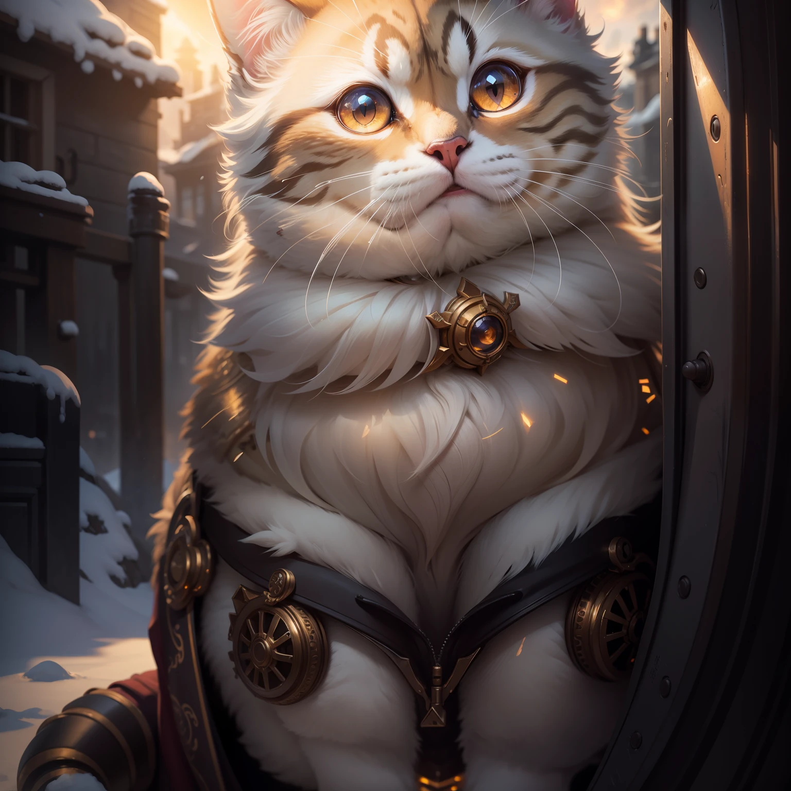Cute cat god, close-up, Steampunk personification, Artstation illustrator, complex details, sunny atmosphere, fresh, bright and warm light, face, full body portrait, dim light, illustration, ultra-high definition, 4K surrealism, warmth, cute, highly detailed, clear focus, professional, 8k ultra-high definition, film, drama, vivid, rendering, epic, dusk, HDR, album cover, Blizzard,