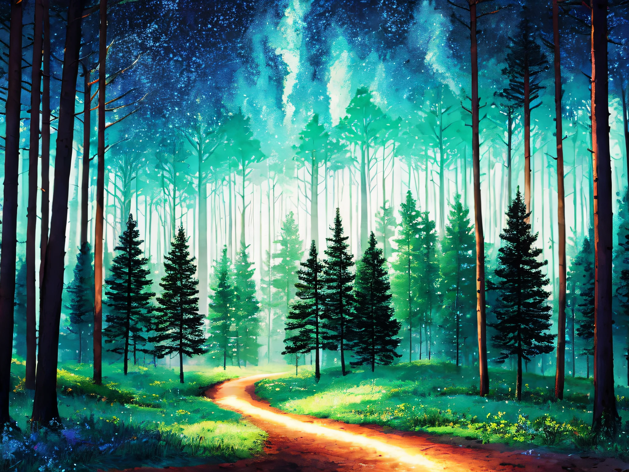 (8k, best quality, masterpiece:1),(best quality:1.0), (ultra highres:1.0), magic in the middle of the woods, smooth lines, luminous bright design, pastel colors, (ink), extremely detailed, 4k, beautiful