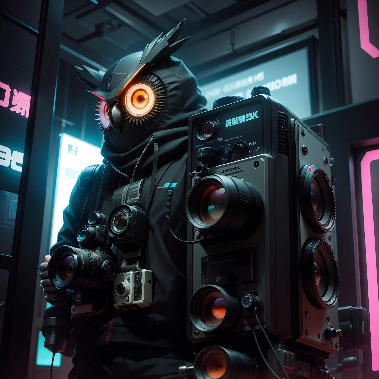 Cyberpunk mechanical owl has SLR camera。