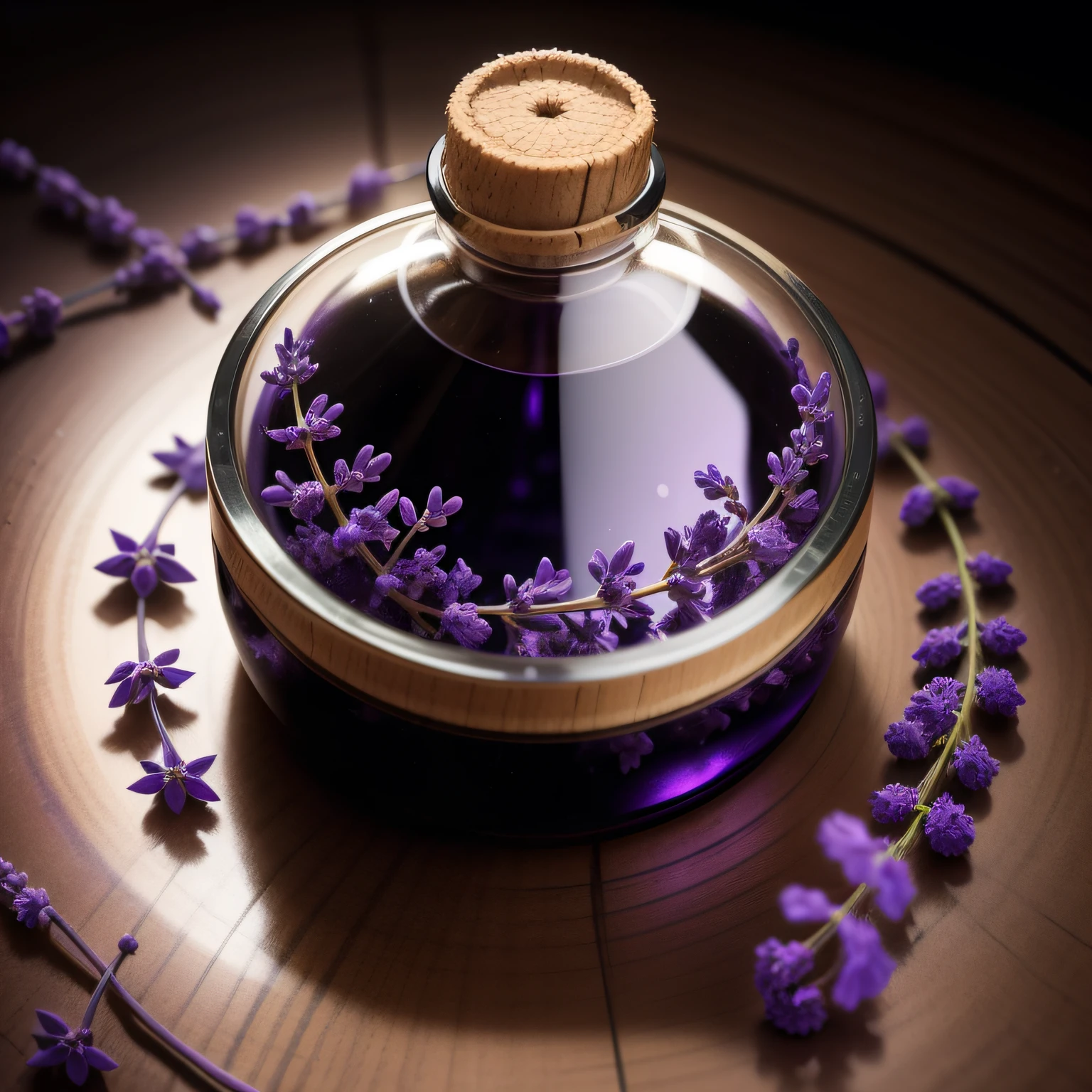 nenhum humano, bottle of small lavender oil, mudas de lavanda, o universo, tema roxo, fundo preto