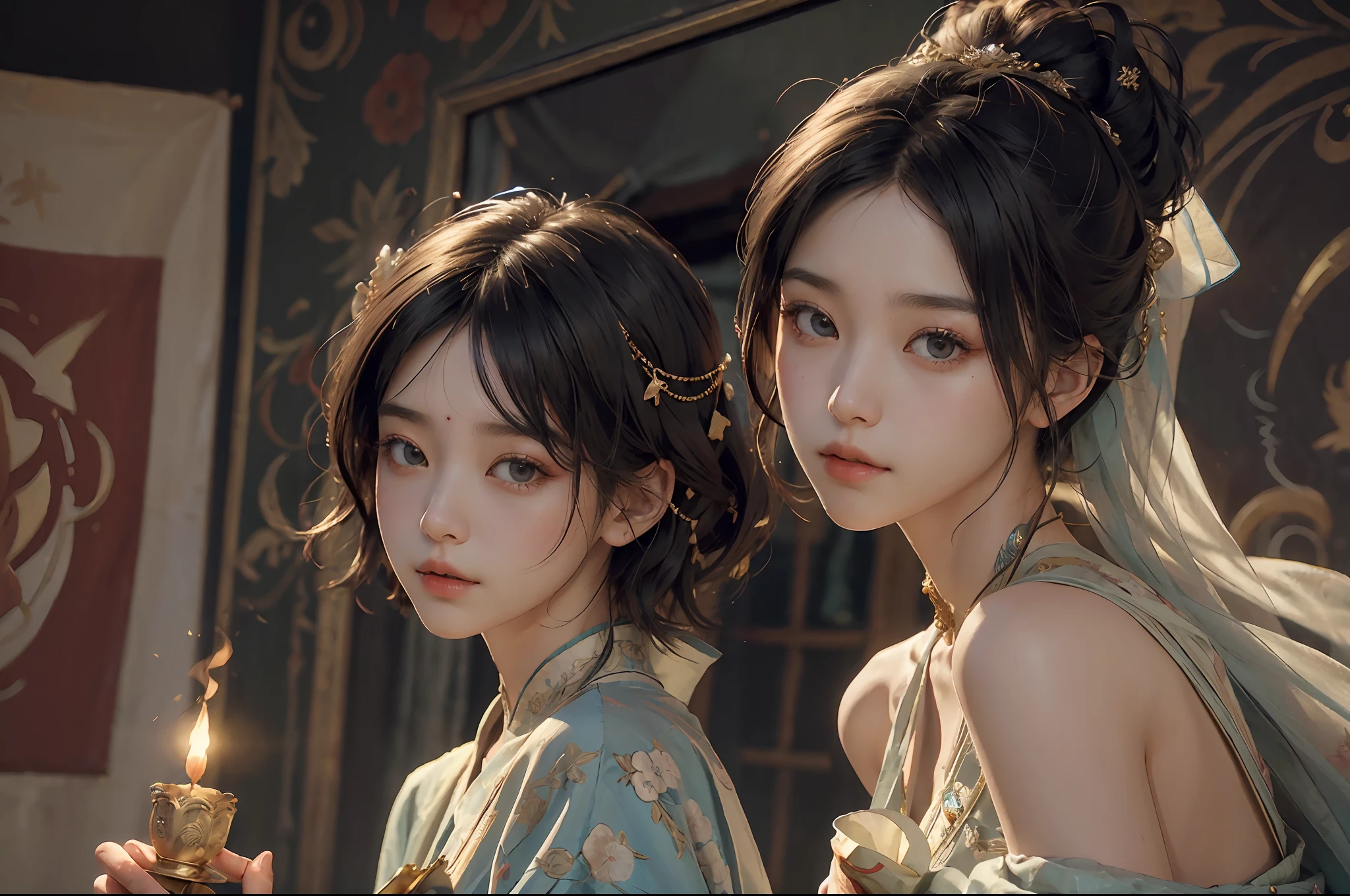 (RAW Photography、top-quality)、(realisitic、Photorealsitic:1.3)、top-quality、high-detail、masterpiece、ultra-detailliert、illustratio、1girl、((very_short_hair))、dynamic ungle、world masterpiece theater、messy_black_hair、top-quality、the Extremely Detailed CG Unity 8K Wallpapers、inky、magnifica、电影灯光、lens_flare、dunhuang_style