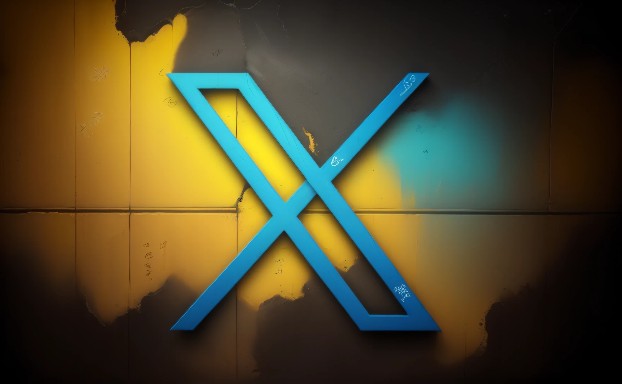 imagem de uma ((letra X grafitada em uma parede de madeira)), (imagem hiperrealista:1.2), smoky background in yellow and blue,