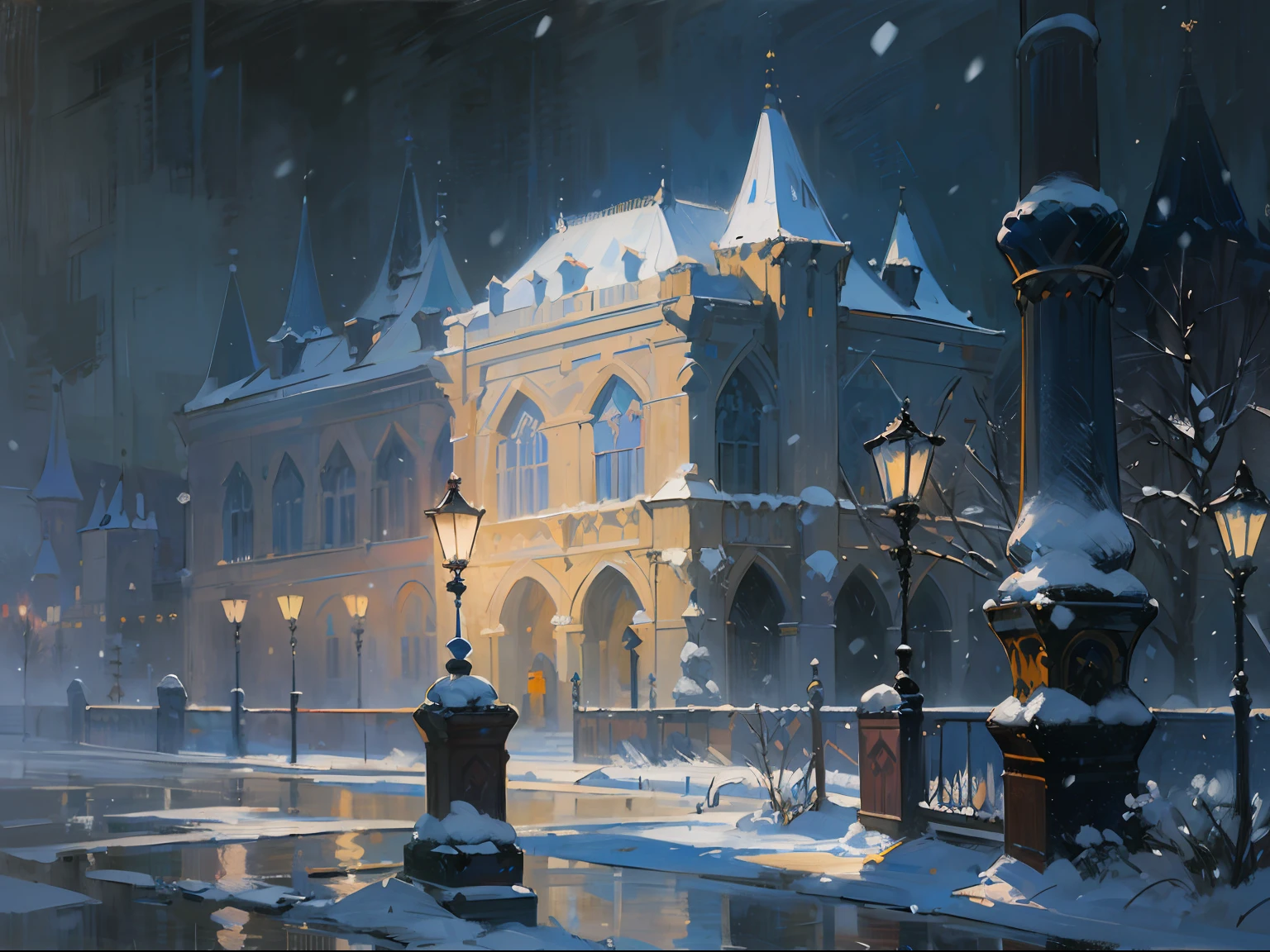 ((palace)), ((castle)), columns, ((night time)), darkness, Evening, Lights, ((Russia)), ((19th century)), snowing, winter, (Renoir), (many), (oil painting), (Sketch)