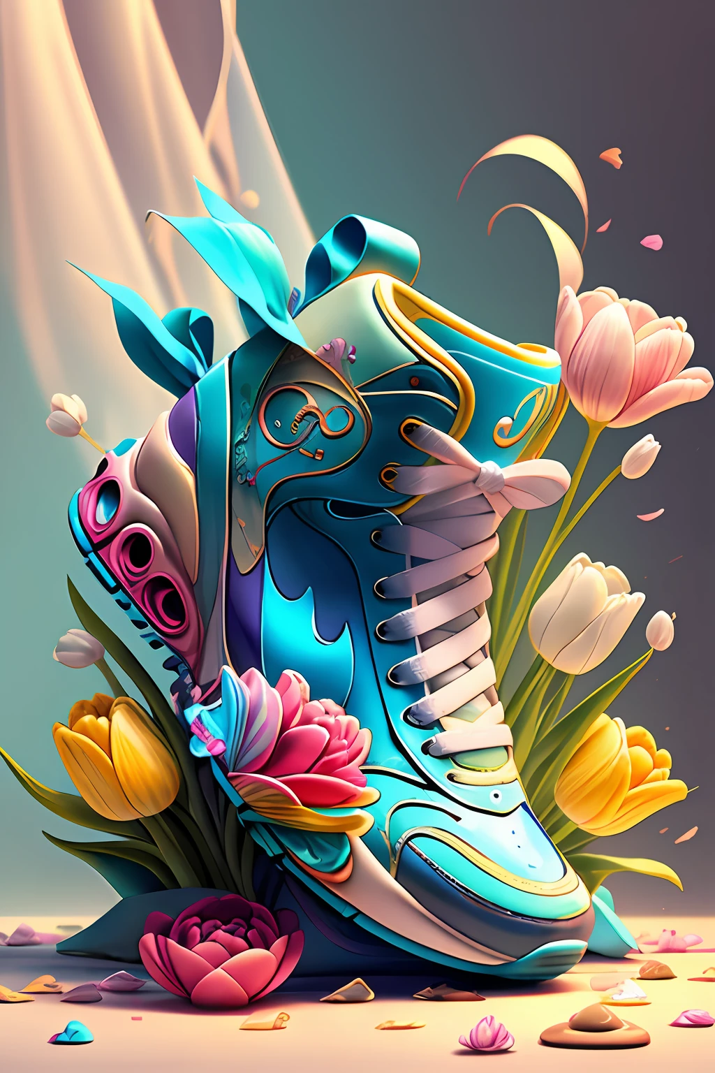 Running sneakers for young women、 Stylized with bright blue and refreshing colors, Convey energy and youth、Soft with logo like children's doodle、Fantasia、cute little、tulips、Colors like spring、Made of sweets、Marble Chocolate