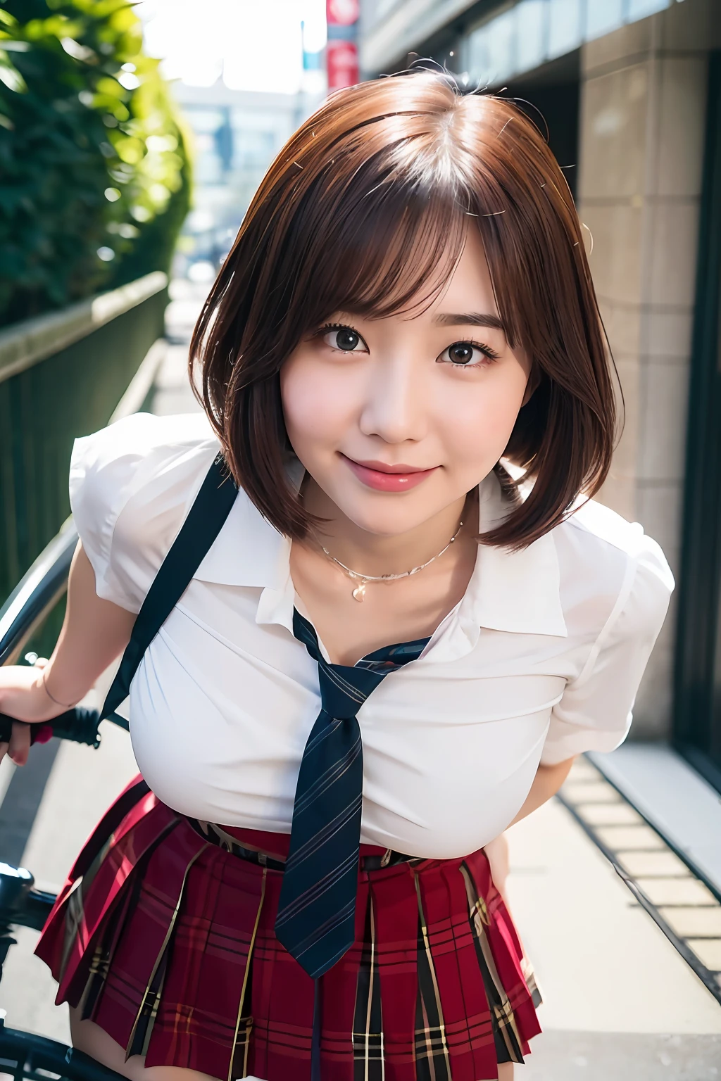 1人、Blushing cheeks、shyly smile、optic、large full breasts、White open shirt sticking to the chest、Tartan checked skirt、Girl in Japan school uniform、florals、hair pin、a necklace、piercings、Leaning forward、from below looking up、depth of fields、pointed red mouth、Glossy reddish-brown shorthair、Black eyes、鎖骨、Beautiful fingers、Hourglass body、portrait of a full body、Loosen your tie、Girl on a red bicycle、