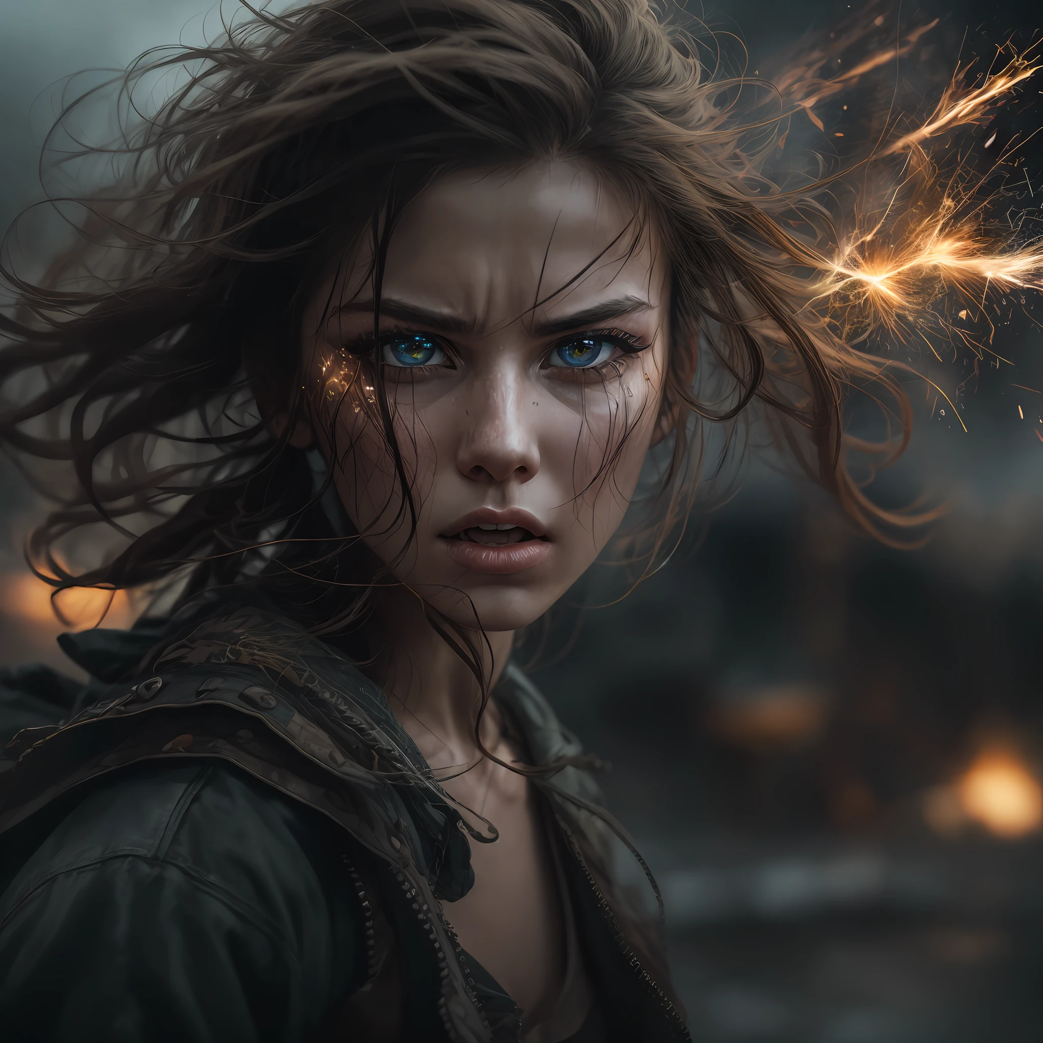 [1] = 1girl, fiercely determined, close up shot, stormy eyes, sparks flying / [2] = A close-up portrait of a determined young woman, her face contorted with determination, her eyes glowing with fiery intensity as sparks fly around her. / [3] = Set in a post-apocalyptic cityscape, dark and desolate, with remnants of a once bustling civilization. / [4] = The atmosphere is charged with tension and anticipation, as if a pivotal moment in a fierce battle is about to unfold. / [5] = Photography / [6] = Shot with a high-speed camera to capture the dynamic sparks, using a wide aperture lens to create a shallow depth of field and focus on the girl's intense expression.