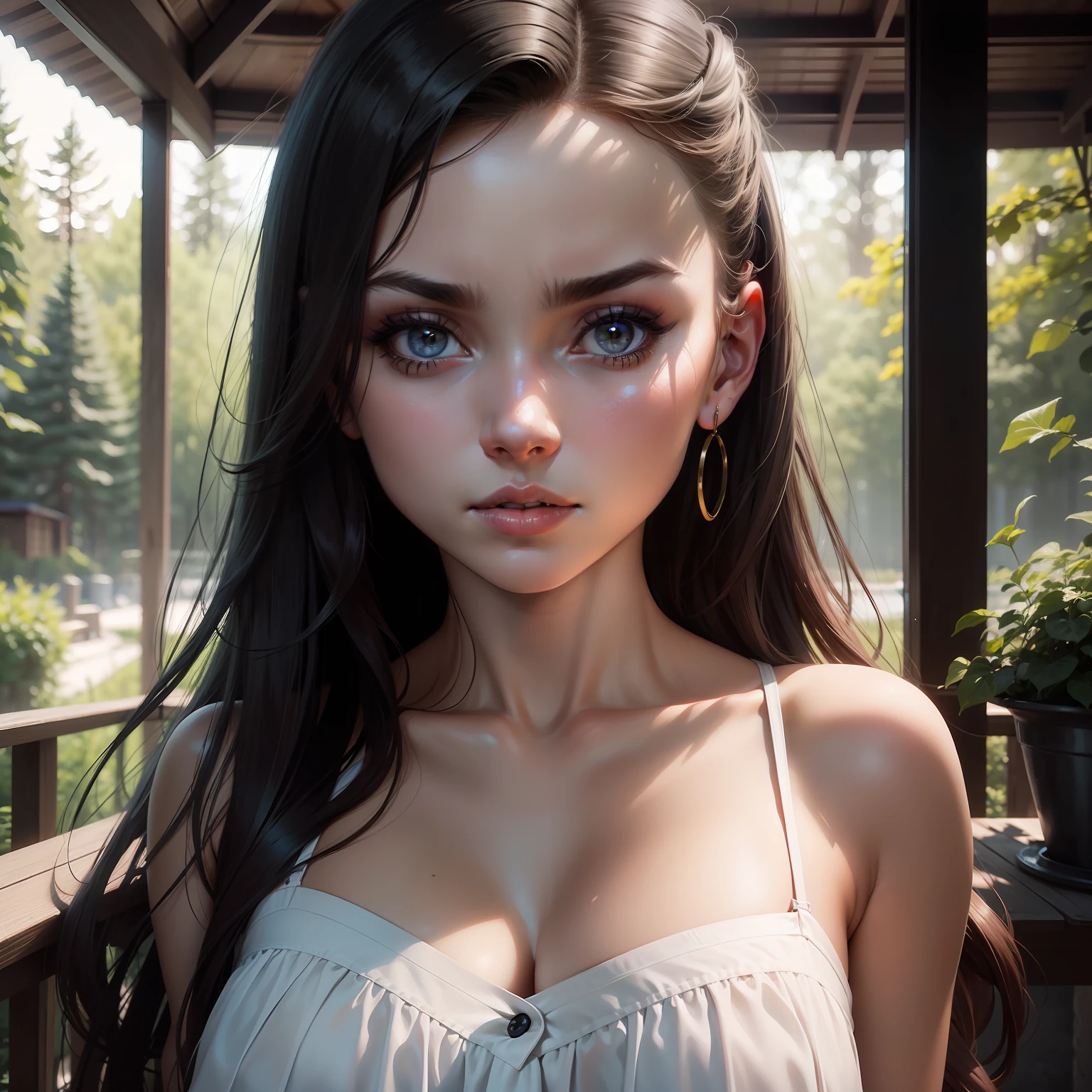 closeup portrait of a young sexy Ukrainian woman with revealing Fit and flare dress in Spa retreat , symmetrical face, Outdoor lighting, Brooding atmosphere, sharp eyes