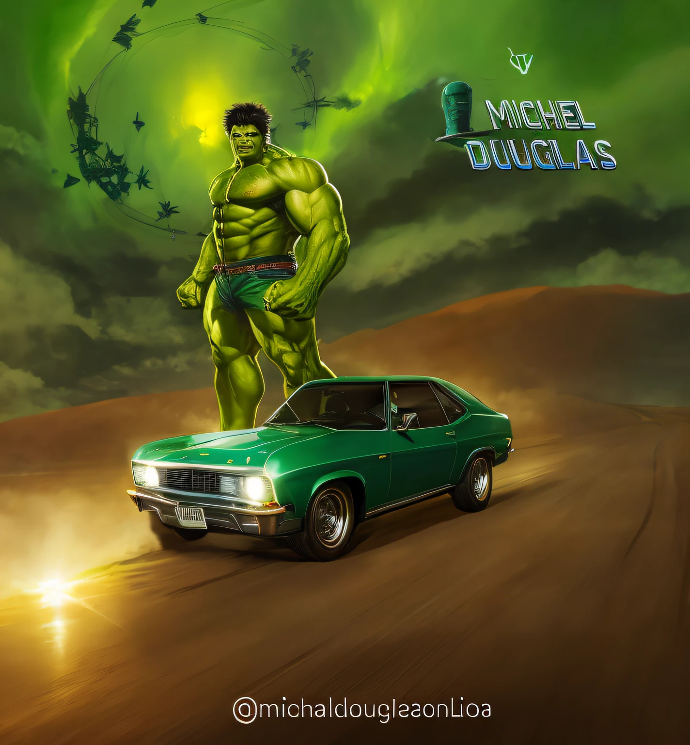 Hulk ao Luar por Michael Douglas, musculoso e descolante, O Hulk, Directed by: Miguel Dahl, fan art, the incredible hulk, elon musk as the incredible hulk, a criatura vende um carro usado, inspirado em Michael James Soares, Marvel 8 0 S Estilo, [ Estilo de Arte Synthwave ]!! ]!!, Directed by: Michael James Soares, a criatura senta-se em um carro