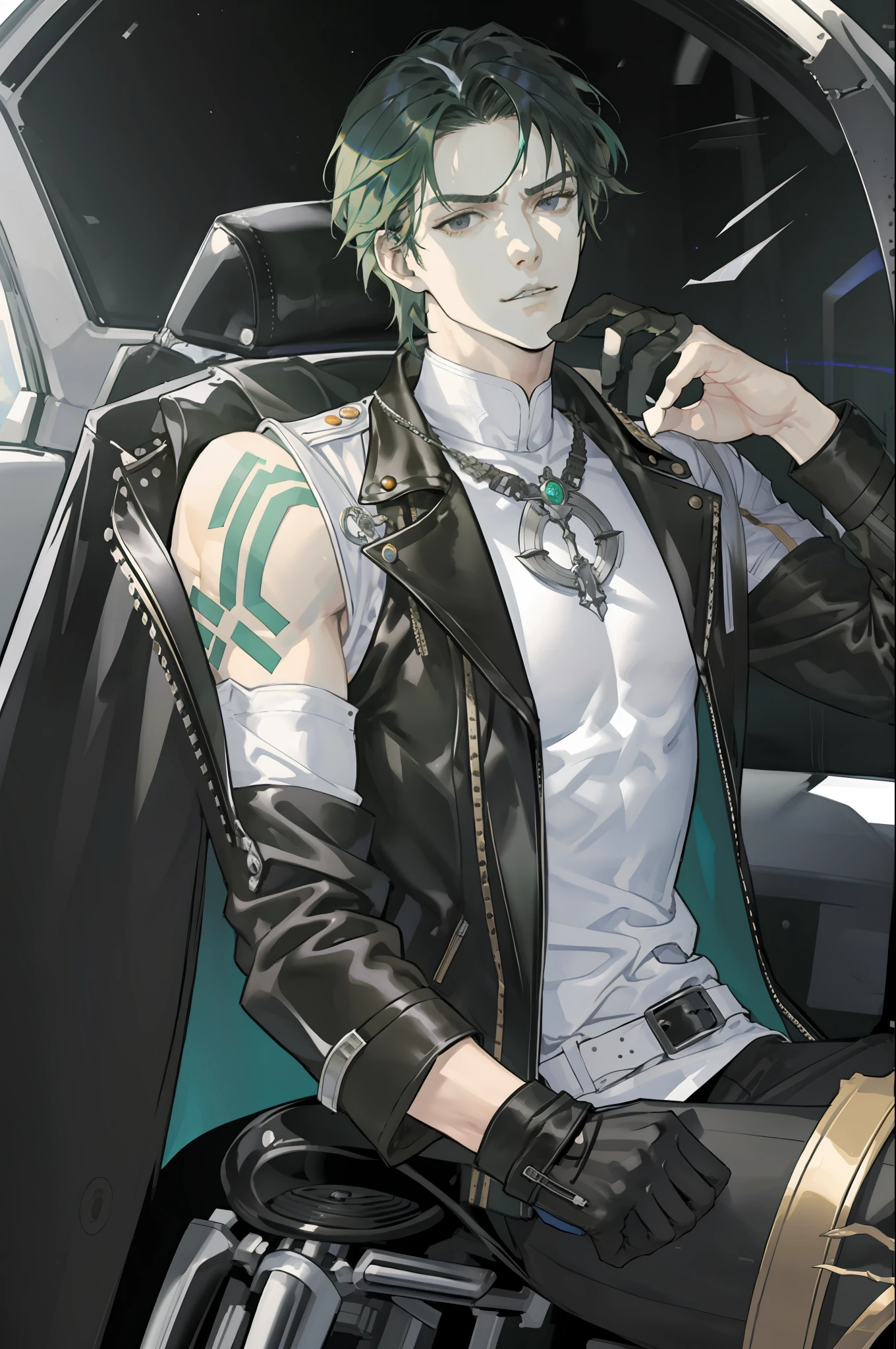 masterpiece, Best quality at best, 1 male, Adults, Handsome, tall muscular man, broad shoulder, finely eye and detailed face, Highly detailed CG unity 8k wallpaper, intriciate detail, Green hair, Black eyes, White skin, sharp eyes, serious face, Rider Jacket, leather jacket, Driving gloves, motorcycle, Apricot-colored skin