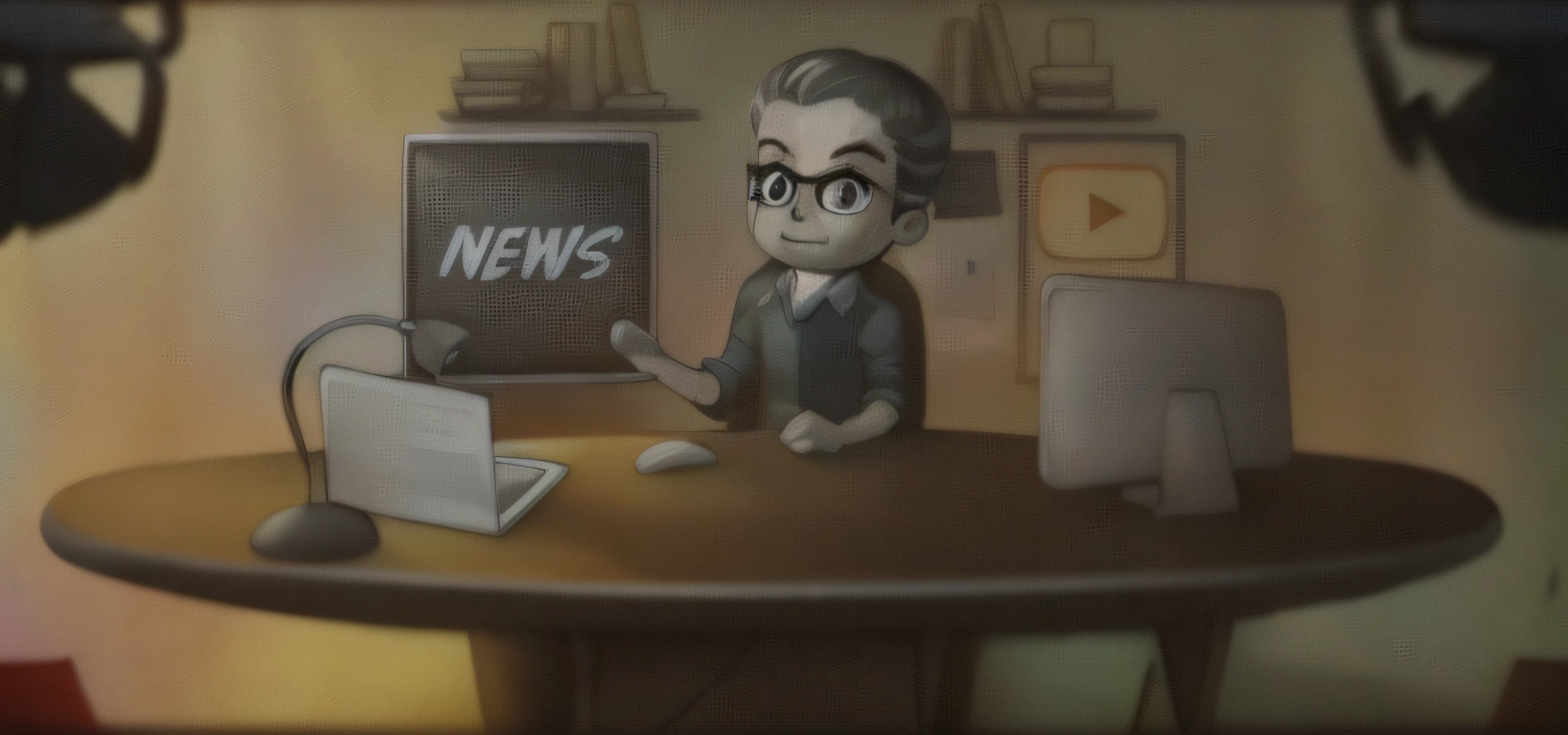 Cartoon of a man sitting at a table with a blackboard in front of him, news broadcast, reportagem, news footage, in cartoon style, news segment, high quality news footage, youtuber, breaking news footage, news coverage, News Feed, corporate animation style, TV News, news archive, breaking news, television show, Miniatura do YouTube, video animation, cartoon illustration