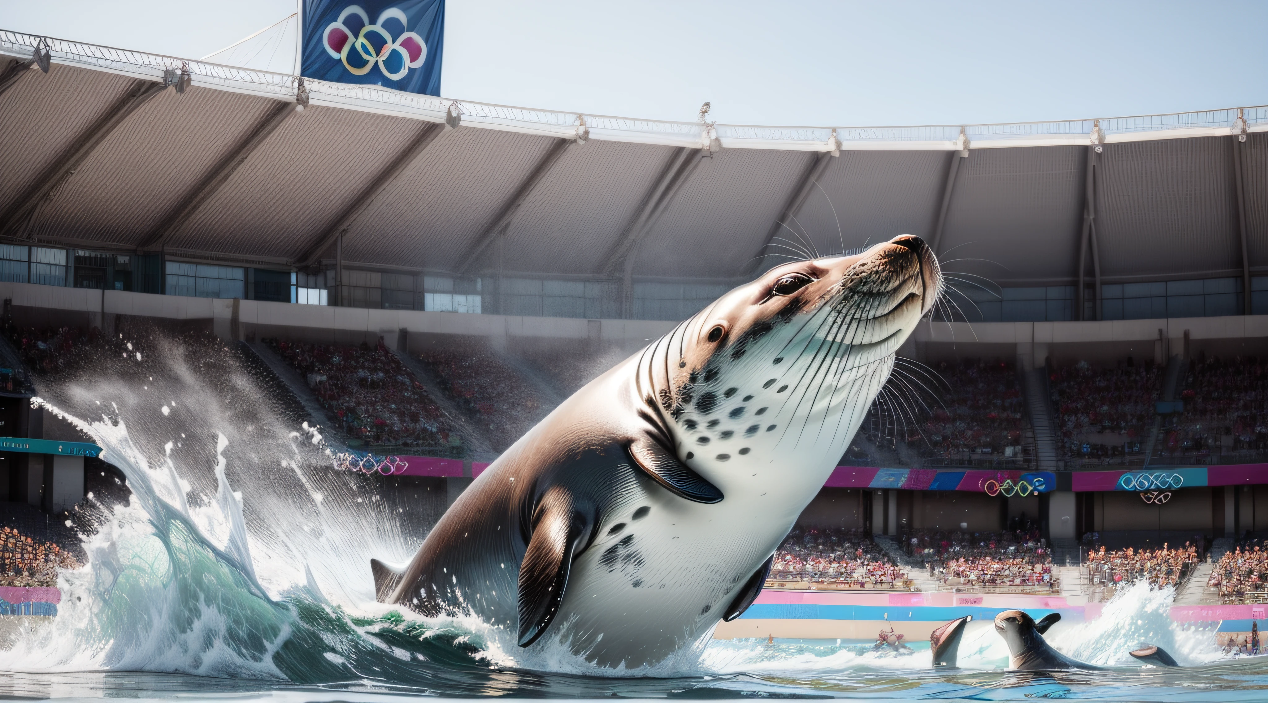 cute anthropomorphic seals, water volleyball, fierce, intense, olympic background, crowds cheering
