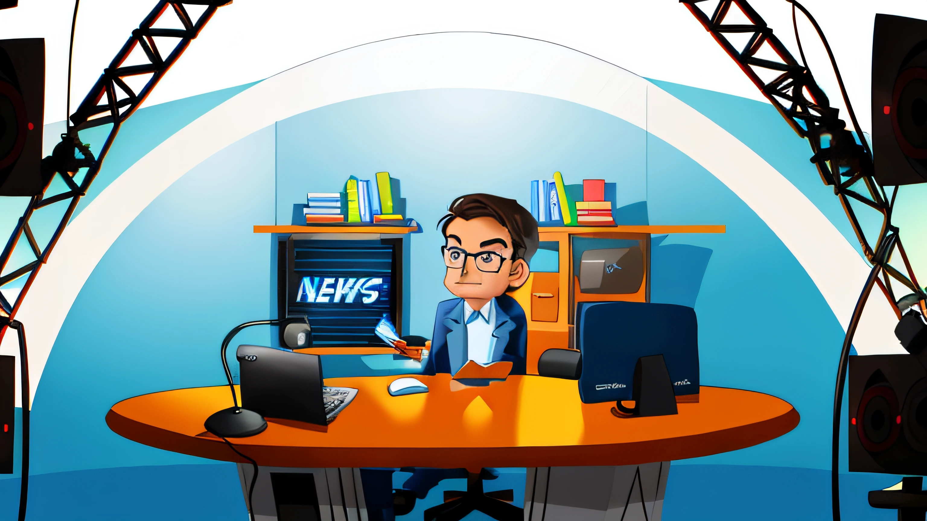 cartoon of a man sitting at a desk with a computer and a news sign, news broadcast, in cartoon style, news feed, corporate animation style, cartoon style illustration, news report, proffesional illustration, news segment, news footage, cartoon illustration, 2 d illustration, 2d illustration, high quality news footage, breaking news footage, news archive, youtuber
