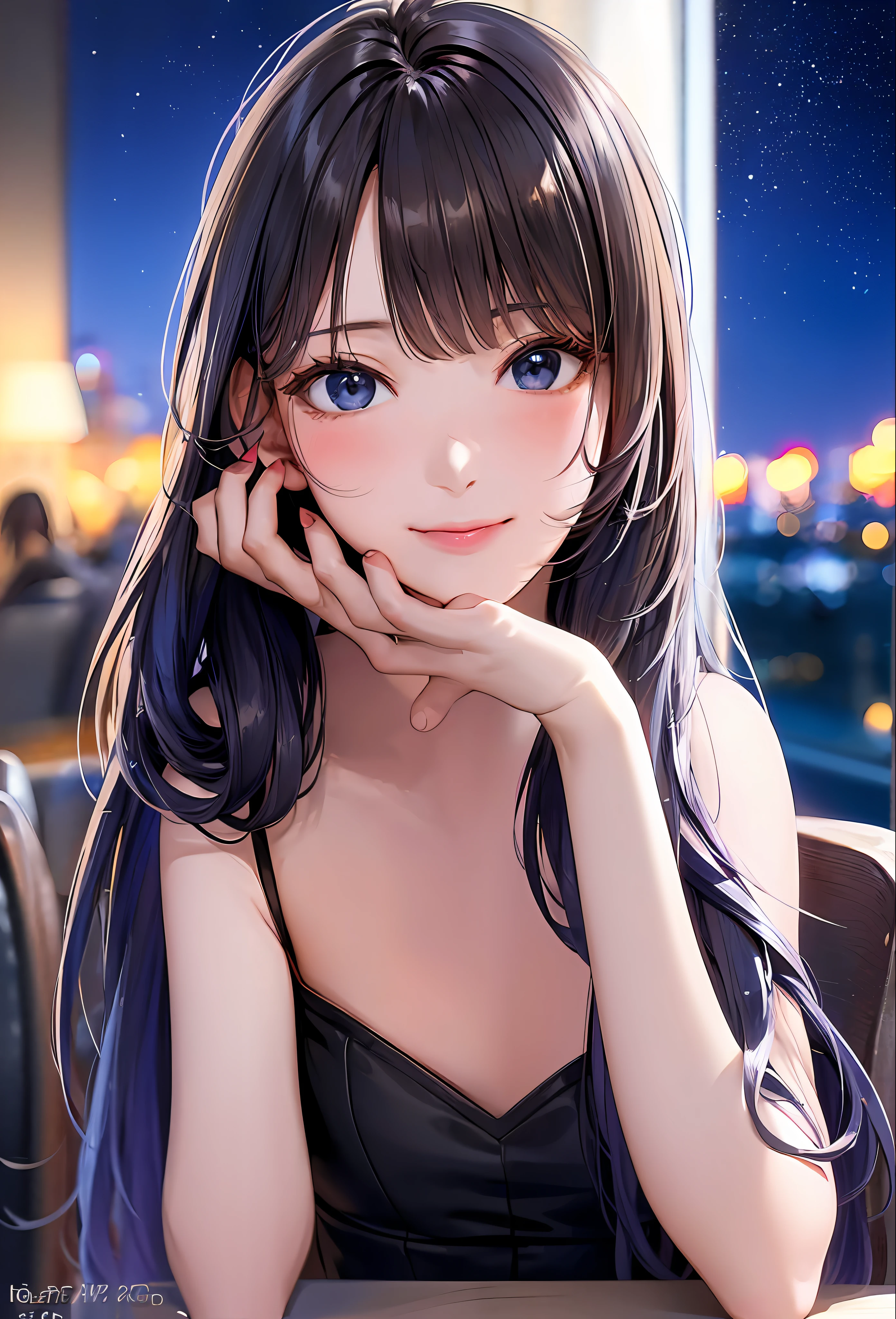 (8k, top quality, masterpiece: 1.2), (realistic, photorealistic: 1.37), super detailed, girl single, cute, solo, midnight, beautiful detailed sky, detailed café, sitting, date, (blush), (smile: 1.15), small breasts (mouth closed), beautiful fine eyes, floating hair NovaFrogStyle, back open dress