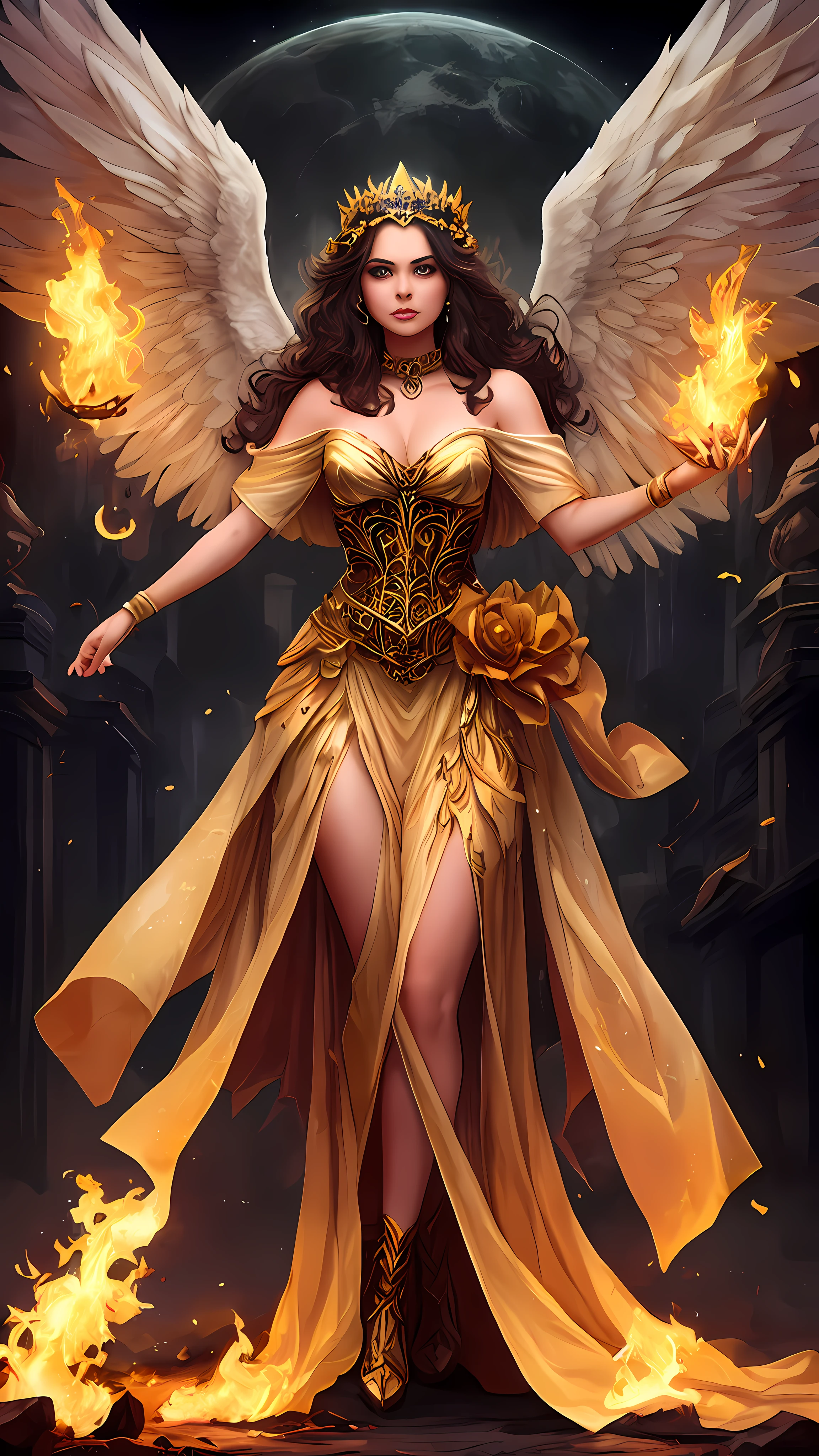 Una mujer con un vestido con alas y una corona en la cabeza, con ardientes alas doradas en llamas, full - body majestic angel, fantasy art behance, aparece como la diosa del fuego, Diosa de la ira, beautiful female angel, Immensely beautiful female angel, Diosa del Fuego, profundamente hermoso, Ganador del concurso CGSOCIETY!!, (face of Eiza González Reyna: actriz y cantante mexicana) Ganador del concurso CGSOCIETY!!!, Tendencia en art-station y concepto de arte, gran obra maestra,