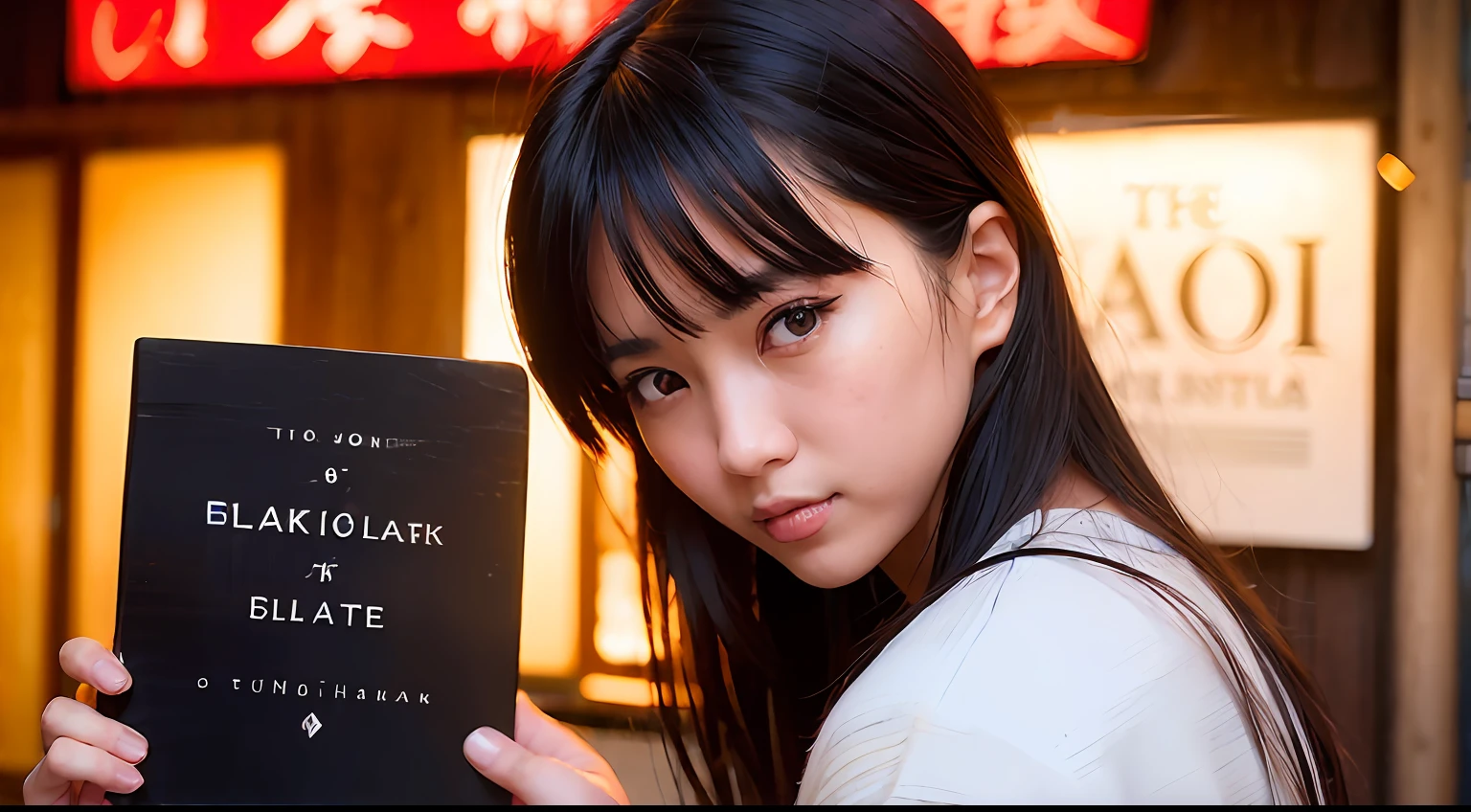 (Woman holding wooden black sign in hand:1.6),(photos realistic:1.4),(beautiful countenance,Cinematic lighting),Good Hand,best ratio four finger and one thumb, hight resolution, masutepiece, Best Quality, finely detailed skin, Soft lighting, Dynamic Angle, Outside, Best Quality ,masutepiece,hight resolution, (1 girl:1.2), Looking at Viewer,Very beautiful,kawaii, Cinematic, 35mm lens, F/ 1. 8, Accent Lighting, 8K,
Street, Cyberpunk, (japanese rural town:1.1), (Shiny skin), (Many colors:1.2),(beautiful countenance),鎖骨