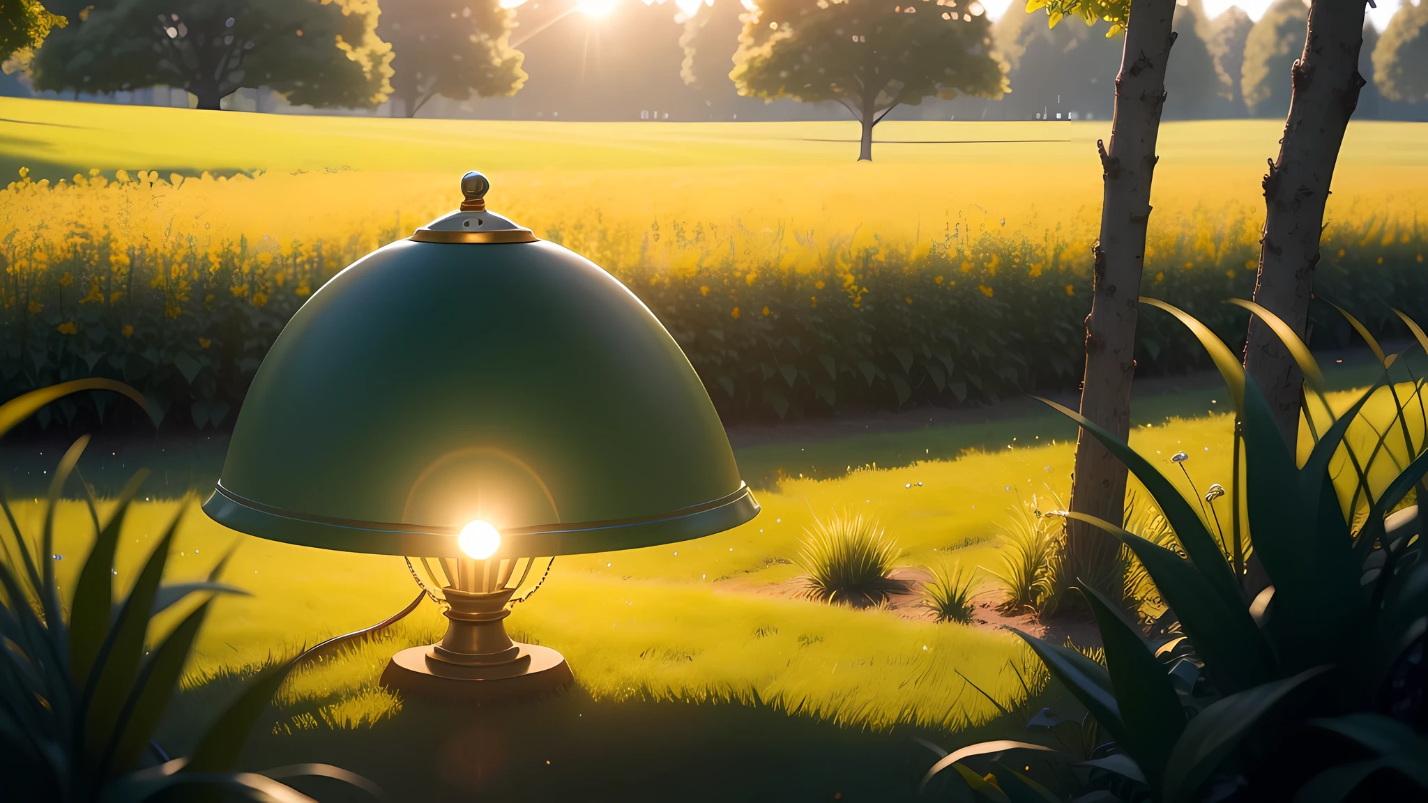 lamp lights, Green meadow, Sun 4K --V4