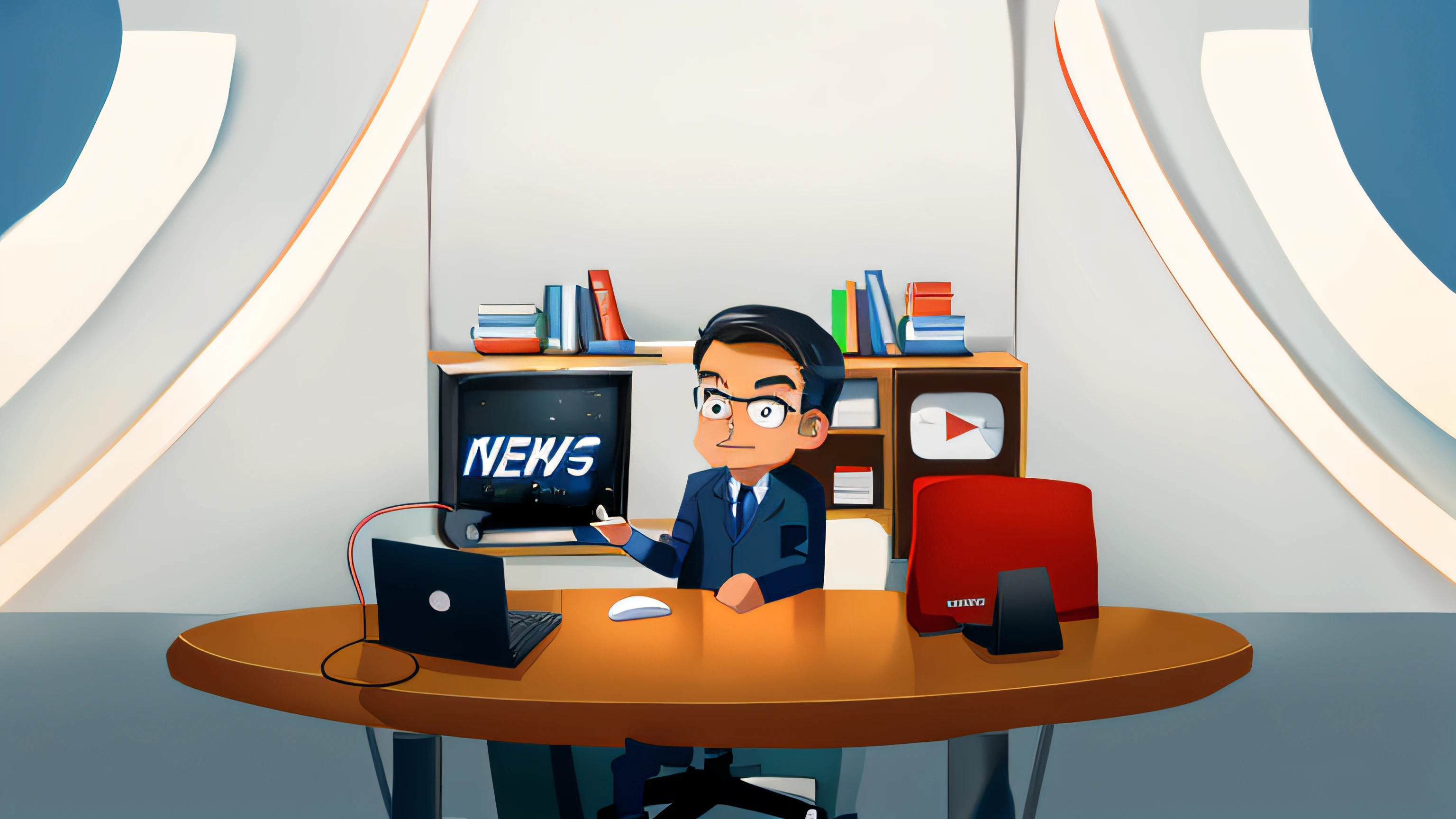 cartoon of a man sitting at a desk with a computer and a news sign, news broadcast, in cartoon style, news feed, corporate animation style, cartoon style illustration, news report, proffesional illustration, news segment, news footage, cartoon illustration, 2 d illustration, 2d illustration, high quality news footage, breaking news footage, news archive, youtuber