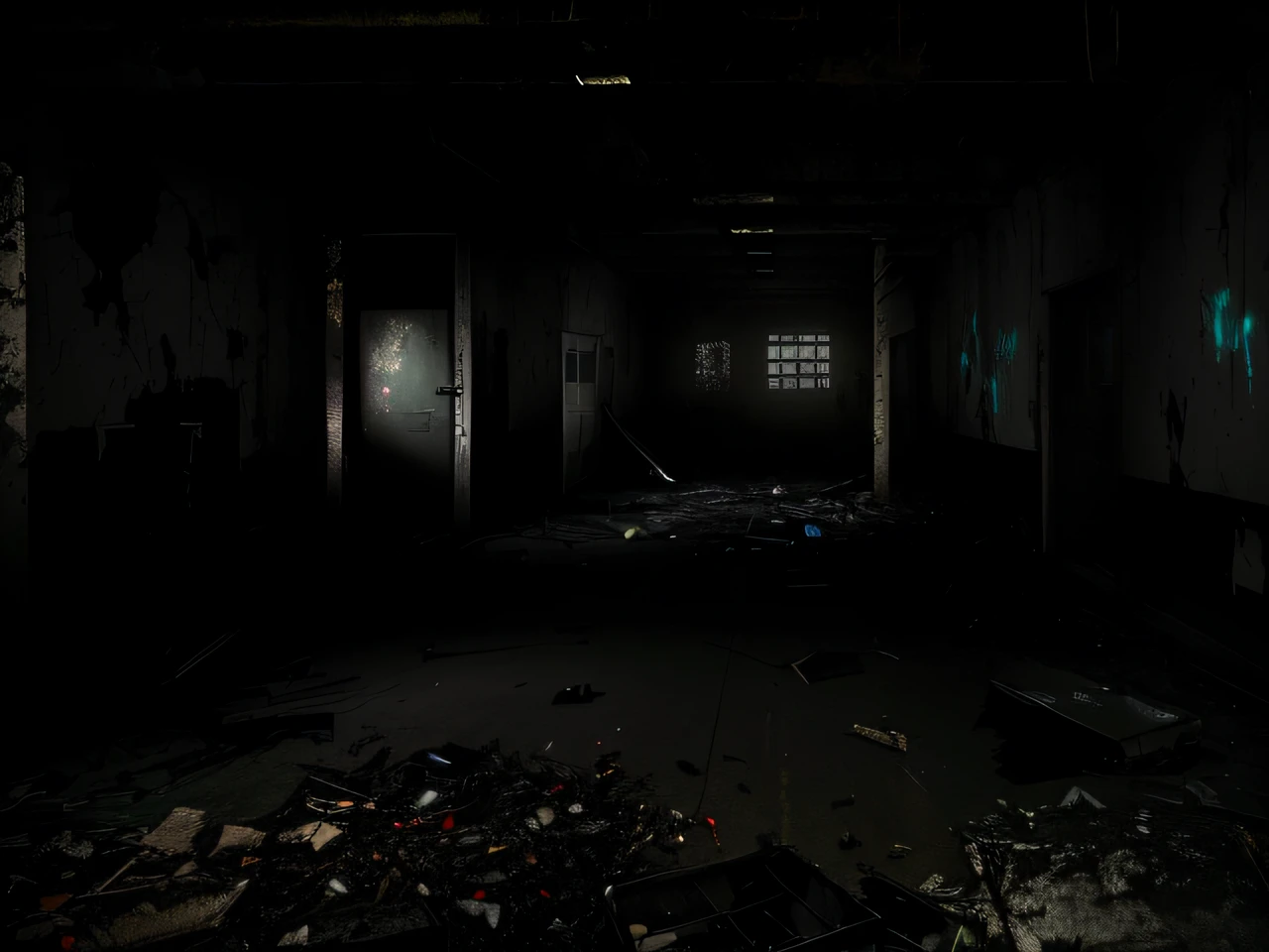 There is a dark room with a lot of garbage, Horror environment, very dark environment, Detailed textures and lighting, Screenshots of Interior Gameplay, Horror game graphics, dark environment, Very dark and abandoned, Dark night environment, dark storeroom, Abandoned Night Hangar, haunted liminal abandoned room, Detailed lighting and textures, Dark abandoned corridor at night, Dark scene with dim light