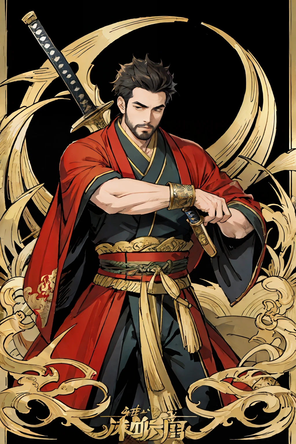 (best quality), detailed background, oriental king,man,combat arts, holding holding sword,