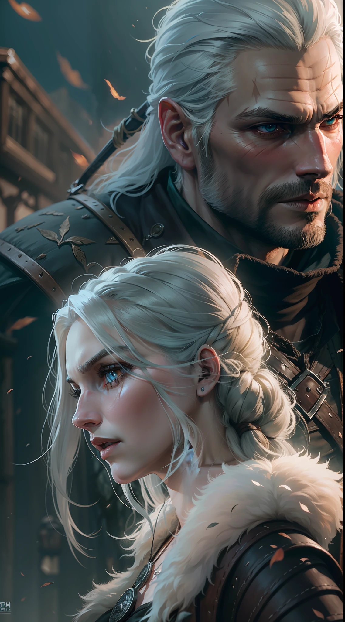 The Witcher Geralt de Rivia , Ciri , and Yennefer, 35mm lens, ultra details, precise texture details HDR, UHD,16K,