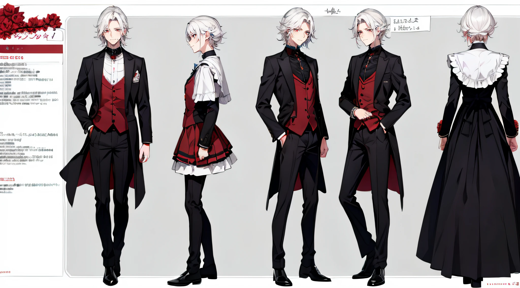 ((tmasterpiece)),((((best qualtiy))),(CharacterDesignSheet,Same character,frontage,Lateral face,on back),lovely boy,with short white hair,red color eyes,ssmile,Black sailor costume with shorts,Red roses as accessories,详细的脸,detailed hairs,(simple backgound,white backgrounid:1.3)
