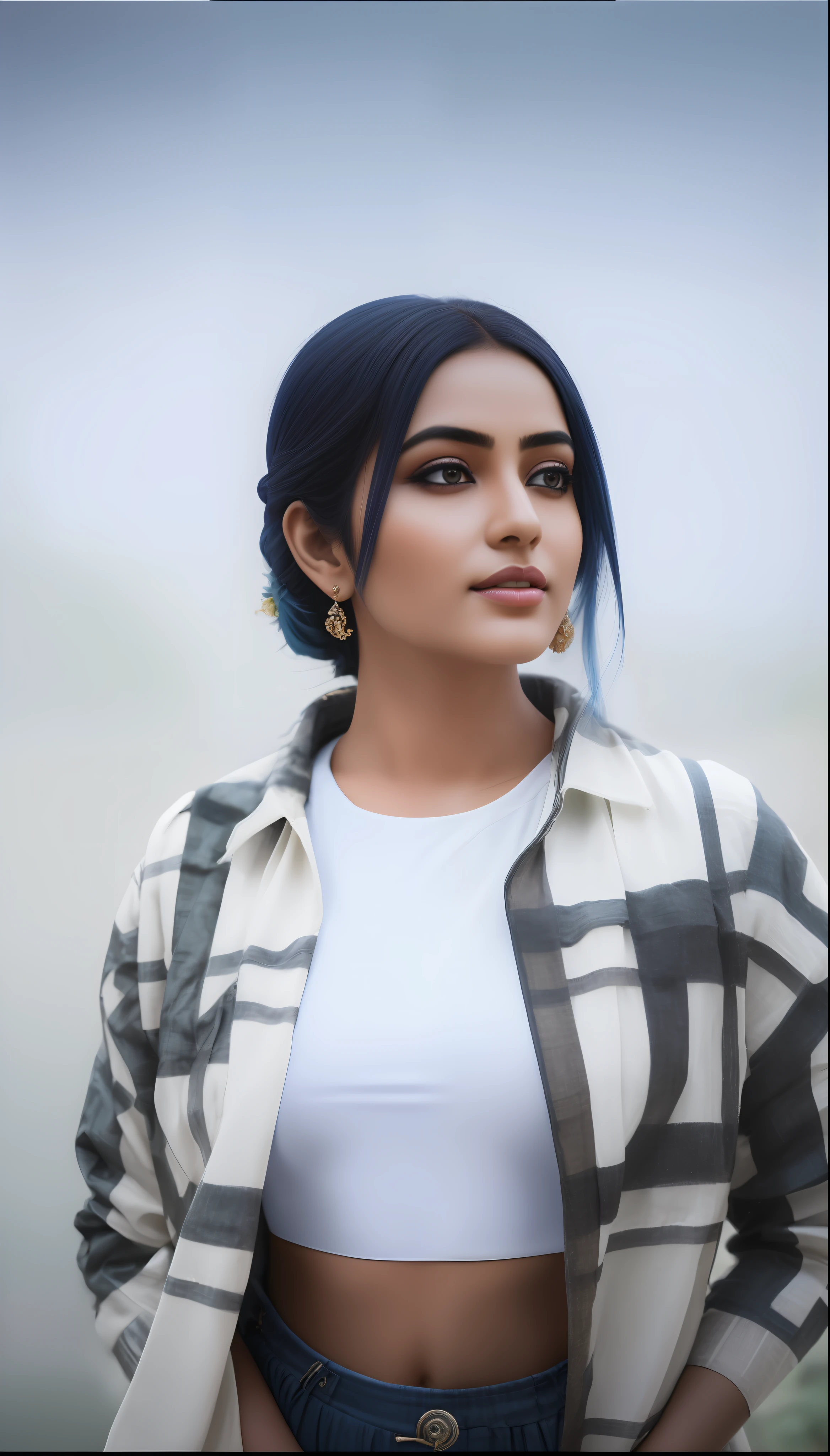 fashion photography portrait of indian girl with blue hair, in lush jungle with flowers, 3d render, cgi, symetrical, octane render, 35mm, bokeh, 9:16, (intricate details:1.12), hdr, (intricate details, hyperdetailed:1.15), (natural skin texture, hyperrealism, soft light, sharp:1.2), detailed, sunlight passing through foliage, blue saree, 8k details, masterpiece, best quality, award winning photo, photorealistic, highly detailed, raw photo, realistic natural skin textures, rim light, hyperrealistic, low contrast, sharp focus, soothing tones, 8k details, intricate, low key, masterpiece, best quality, award winning photo, photorealistic, highly detailed, raw photo, realistic natural skin textures, rim light, hyperrealistic, low contrast, sharp focus, soothing tones, 8k details, intricate, low key