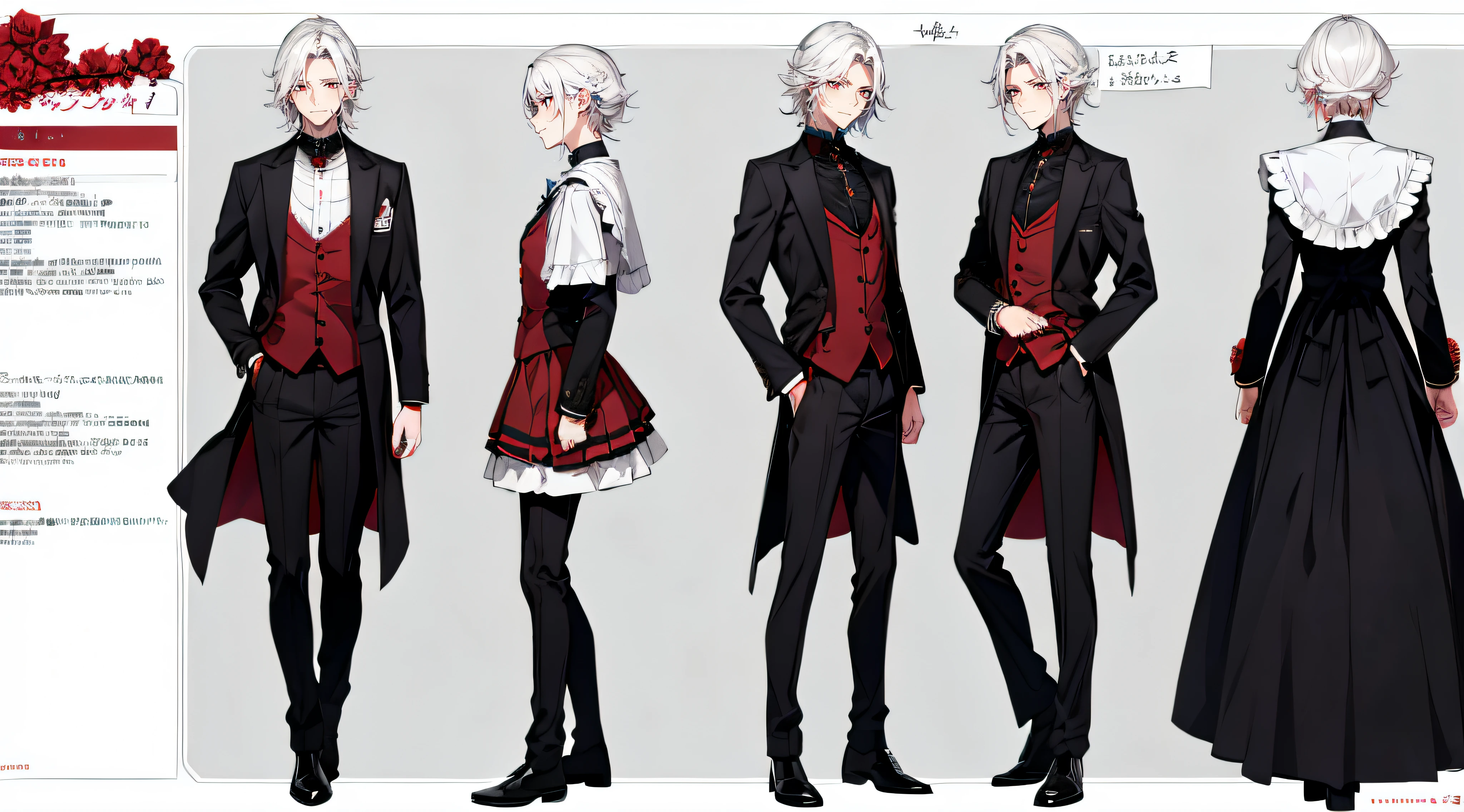 （（tmasterpiece）），（（（（best qualtiy））），（CharacterDesignSheet，Same character，frontage，Lateral face，on  back），lovely boy，with short white hair，red color eyes，ssmile，Black sailor costume with shorts，Red roses as accessories，详细的脸，detailed hairs，（simple backgound，white backgrounid：1.3）