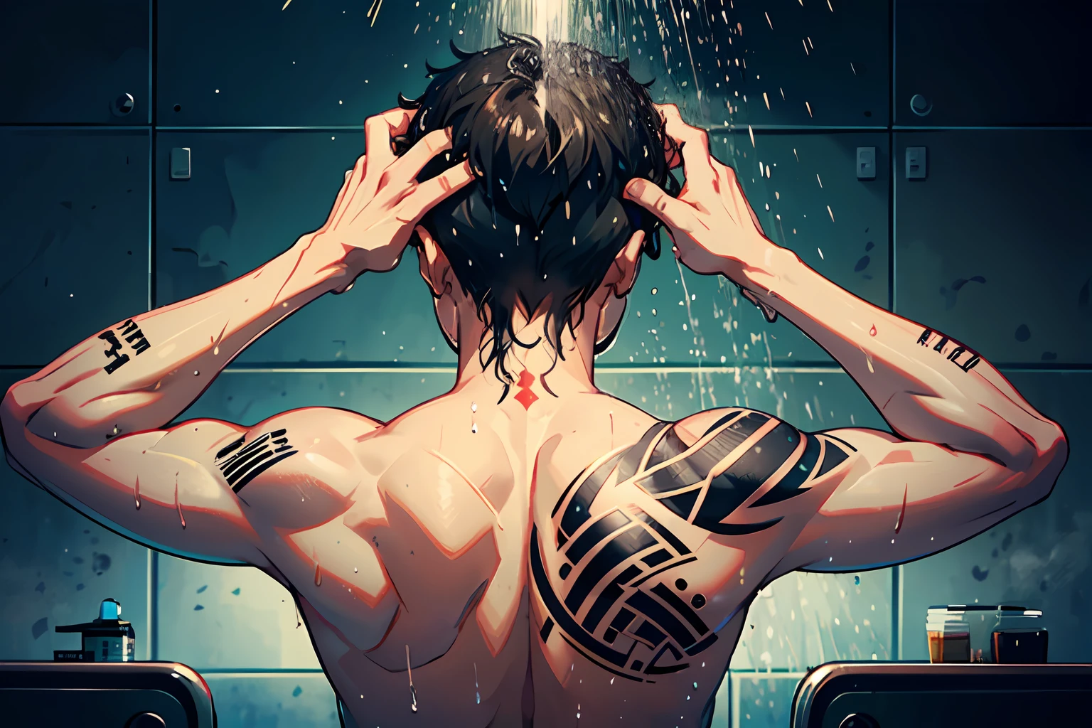 of a guy，rain，Shower，Shirtless，Tattooed with，The Chinese characters，upperbody closeup，There are scars on the back，Close-up of the back，Place your hands on your head，facing away from the audience，facing away from the audience，Shower，No bath