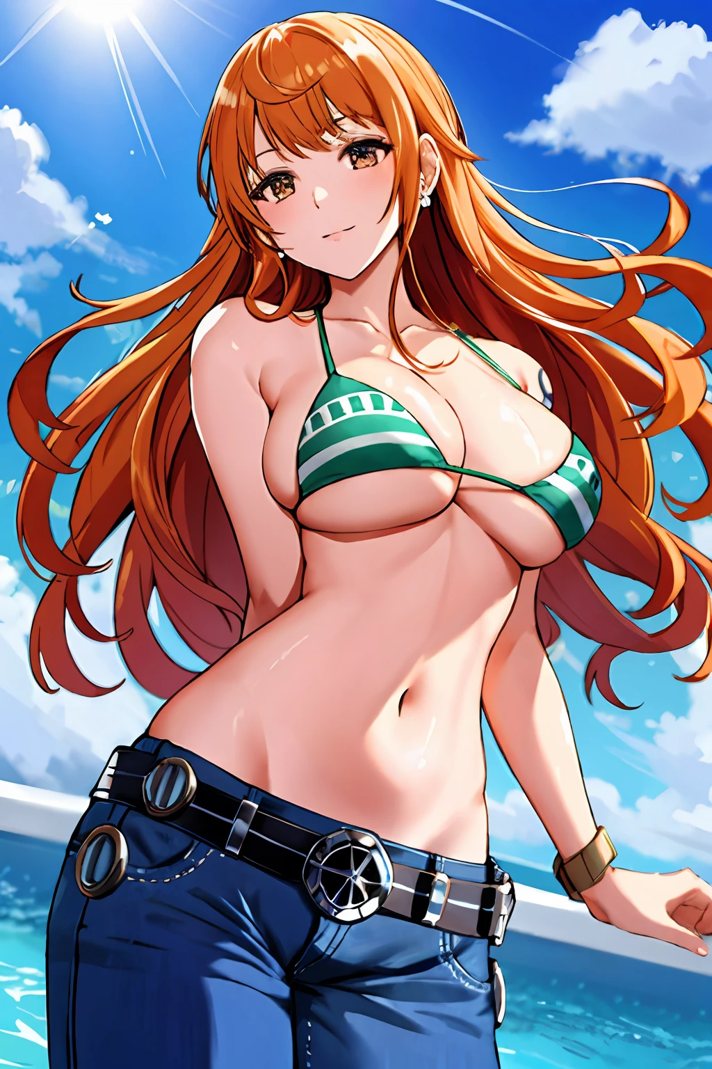 detailed background, masterpiece, 4k, best quality, adult, wrestler, 1girl, active, energic, uppercut, (large mouth) , solo, nami \(one piece\), 1girl, bangle, wet, soaked in sweat, perfect detailed face, bold drawing lines, muscular arms, detailed bold arm lines, flat jaw, adult woman, wavy wide streaked bangs, floating bang streaks, (big cheeks), bare shoulders, off-shoulders, belt, bikini, bikini top only, blue sky, bracelet, springy breasts, breast lines, big round eyes, plain big brown shiny eyes, bubble, high eye position, cleavage, cloud, day, denim, earrings, floating hair, shiny hair, green belt, green bikini, bold groin lines, jeans, jewelry, medium breasts, log pose, long hair, looking at viewer, navel, wet hair, orange hair, pants, shoulder tattoo, sidelocks, sky, solo, standing, stomach, swimsuit, tattoo , looking at viewer, open mouth, detailed left arm, big forehead, hourglass figure, small head, very happy, laughing, toned body, wide hair, wind effect, sun effect, under the sun, narrow small ears angle, older, random poses, tired