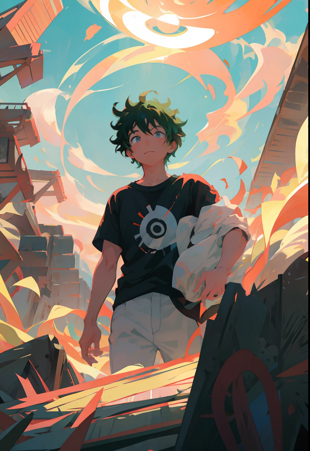 Izuku Midoriya, 1child,  Obra maestra, La mejor calidad,Parte superior del cuerpo,retrato, Mirando al espectador,cerrar,  Camisa blanca, sol, novel illustration, primer plano borroso, Llamas de fuego (sonriente)