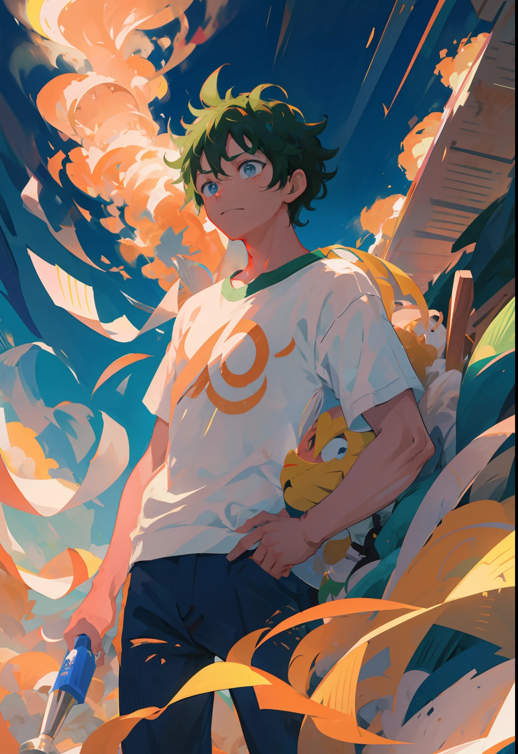 Izuku Midoriya, 1child, Obra maestra, La mejor calidad,Parte superior del cuerpo,retrato, Mirando al espectador,cerrar, Camisa blanca, sol, novel illustration, primer plano borroso, Llamas de fuego (sonriente)