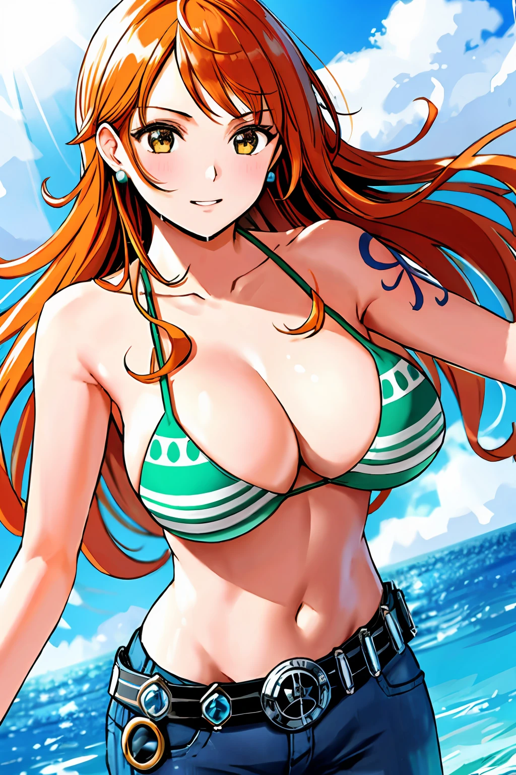 detailed background, masterpiece, 4k, best quality, adult, wrestler, 1girl, active, energic, uppercut, (large mouth) , solo, nami \(one piece\), 1girl, bangle, wet, soaked in sweat, perfect detailed face, bold drawing lines, muscular arms, detailed bold arm lines, flat jaw, adult woman, wavy wide streaked bangs, floating bang streaks, (big cheeks), bare shoulders, off-shoulders, belt, bikini, bikini top only, blue sky, bracelet, springy breasts, breast lines, big round eyes, plain big brown shiny eyes, bubble, high eye position, cleavage, cloud, day, denim, earrings, floating hair, shiny hair, green belt, green bikini, bold groin lines, jeans, jewelry, medium breasts, log pose, long hair, looking at viewer, navel, wet hair, orange hair, pants, shoulder tattoo, sidelocks, sky, solo, standing, stomach, swimsuit, tattoo , looking at viewer, open mouth, detailed left arm, big forehead, hourglass figure, small head, very happy, laughing, toned body, wide hair, wind effect, sun effect, under the sun, narrow small ears angle, older, random poses, tired