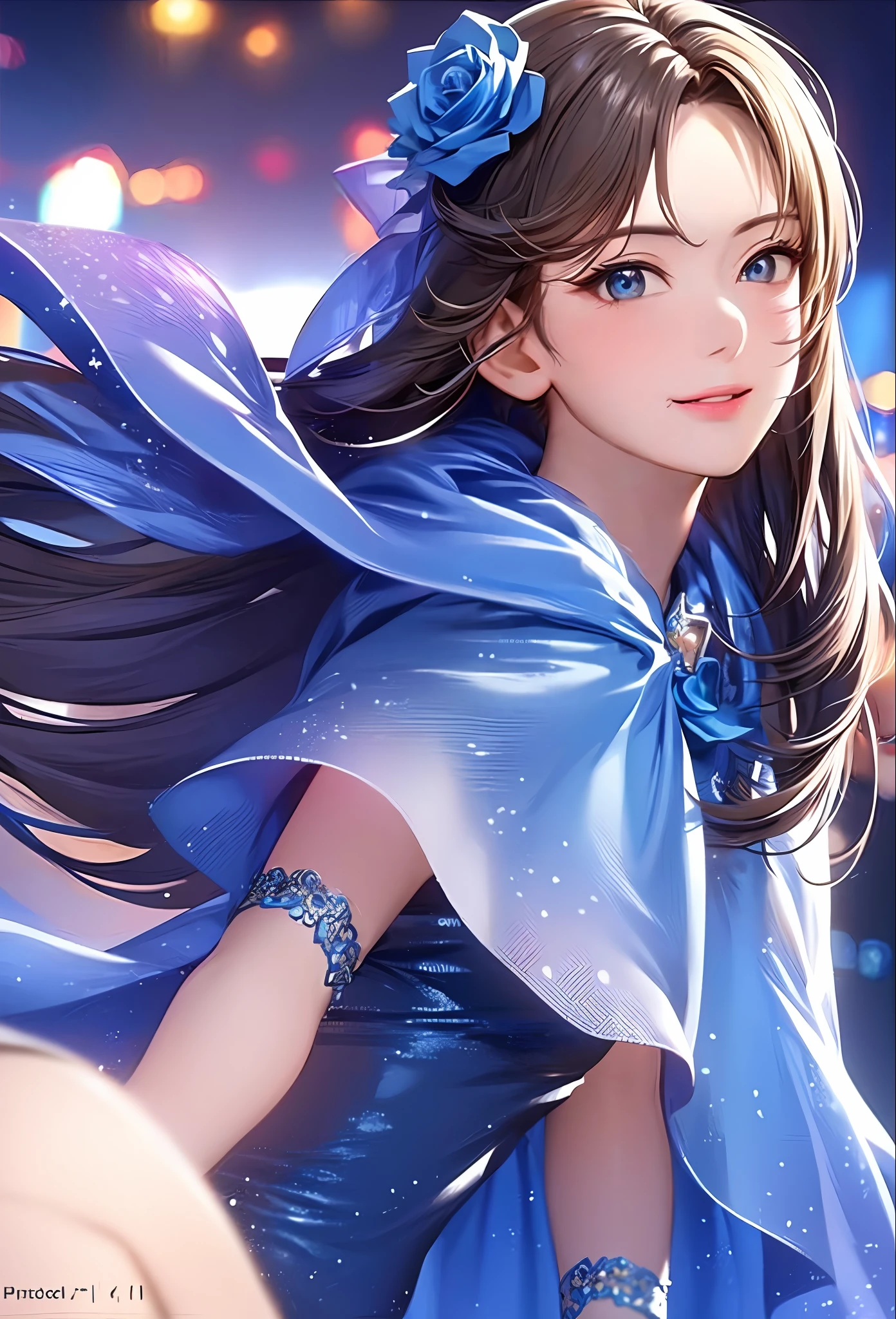 (8k, top quality, masterpiece: 1.2), (realistic, photorealistic: 1.37), super detailed, girl alone, cute, solo, midnight, beautiful detailed sky, detailed café, sitting, dating, (blush), (smile: 1.15), small breasts (mouth closed), beautiful fine eyes, floating hair NovaFrogStyle, back open dress, blue rose accessories, Blue rose background
