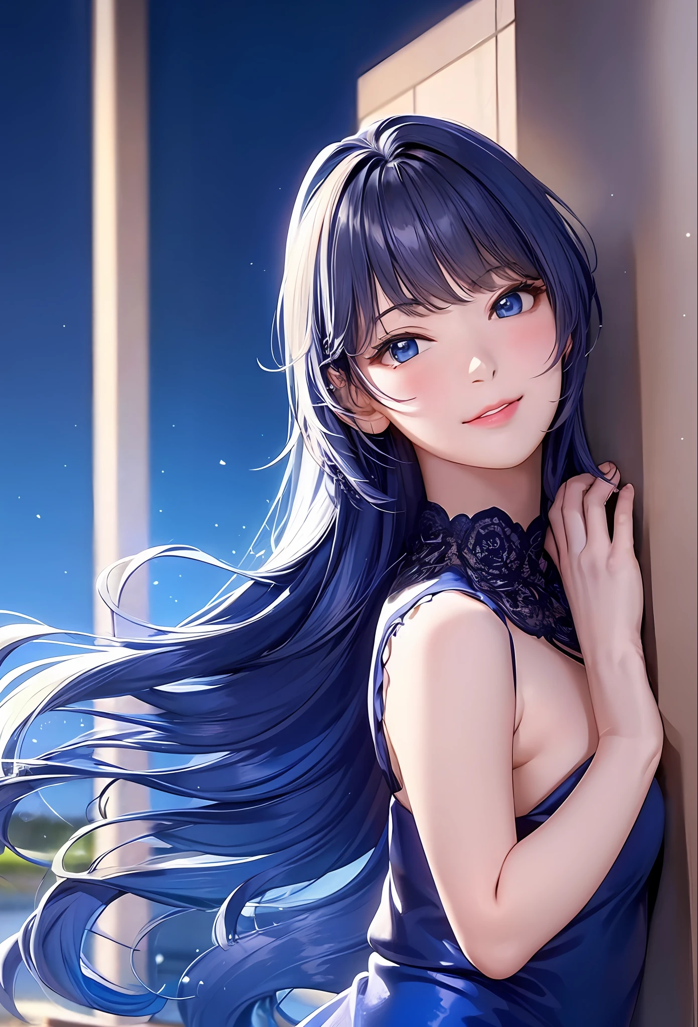 (8k, top quality, masterpiece: 1.2), (realistic, photorealistic: 1.37), super detailed, girl alone, cute, solo, midnight, beautiful detailed sky, detailed café, sitting, dating, (blush), (smile: 1.15), small breasts (mouth closed), beautiful fine eyes, floating hair NovaFrogStyle, back open dress, blue rose accessories, Blue rose background