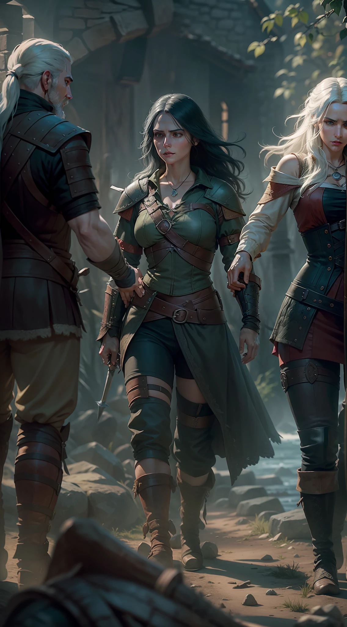 The Witcher Geralt de Rivia , Ciri , and Yennefer, 35mm lens, ultra details, precise texture details HDR, UHD,16K,
